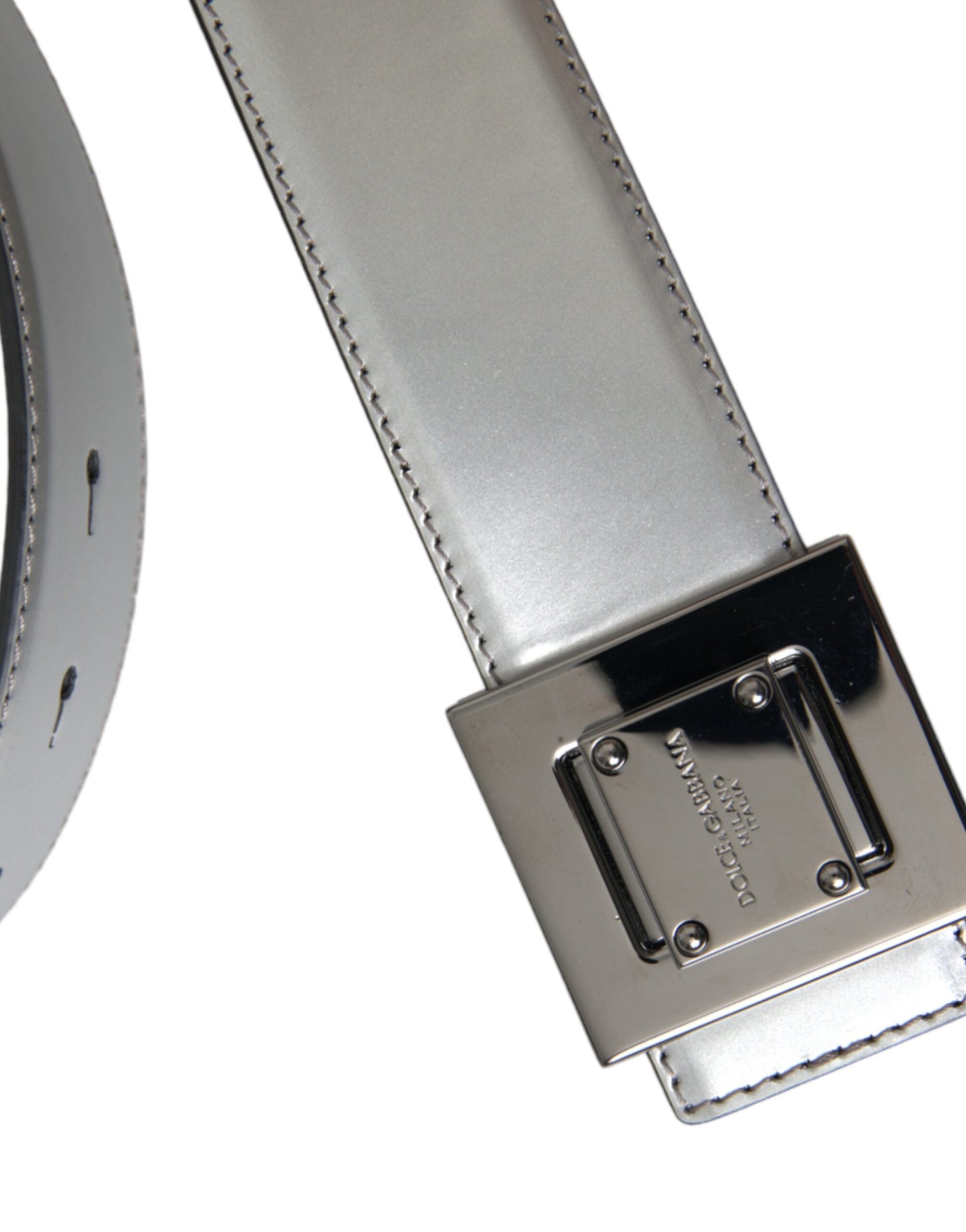 Dolce & Gabbana Silver Leather Square Metal Buckle Belt - KALAJ