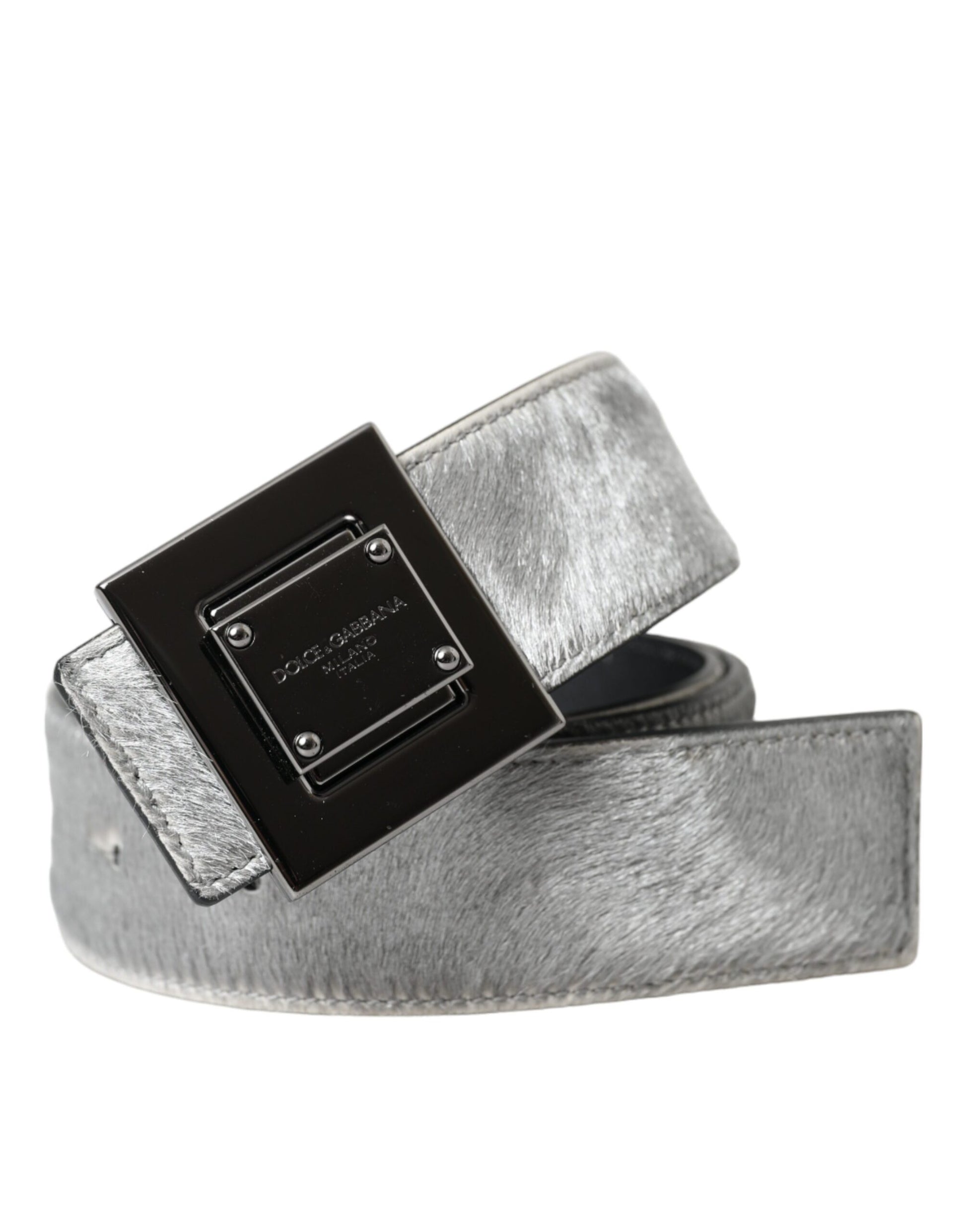 Dolce & Gabbana Silver Leather Square Metal Buckle Belt - KALAJ