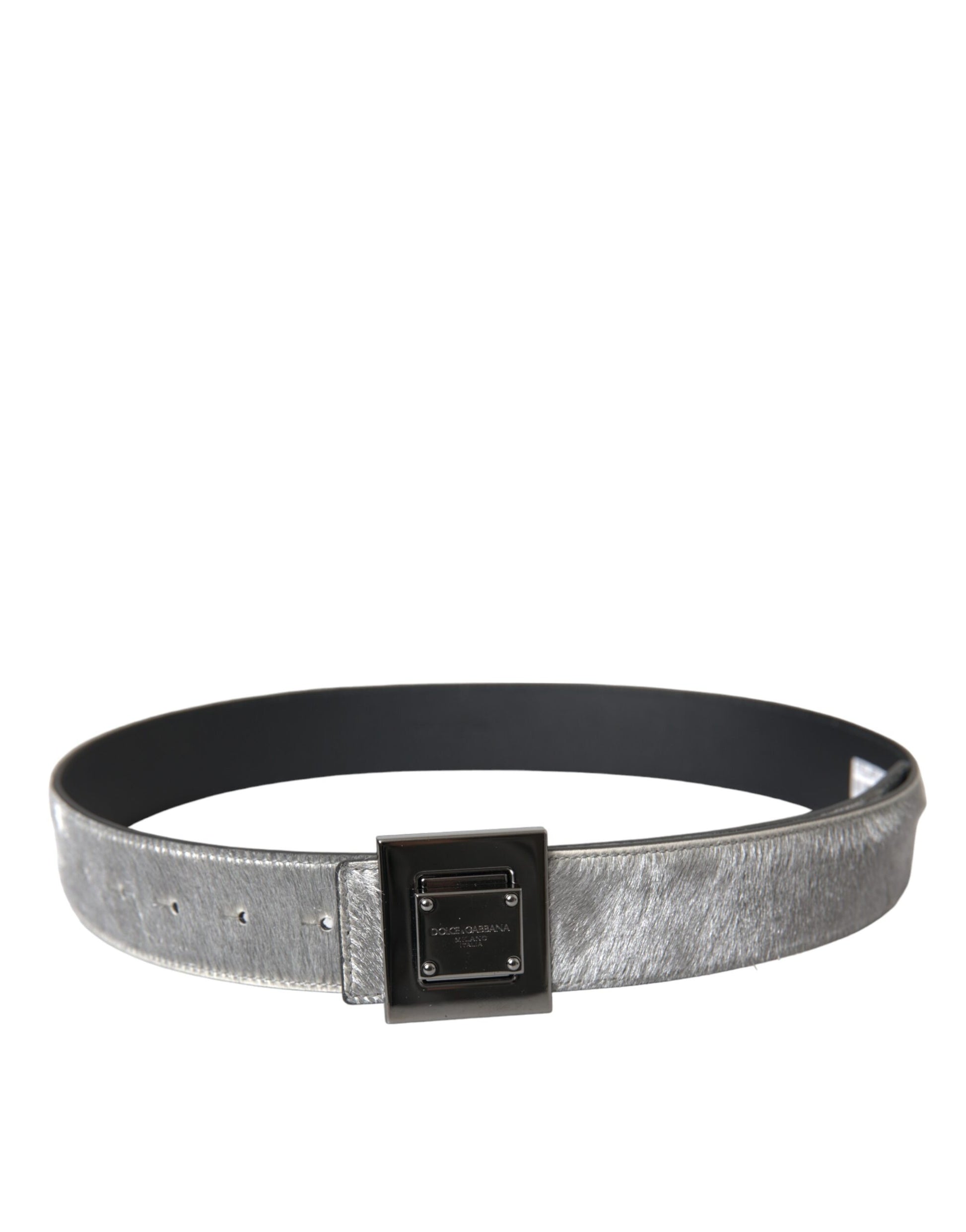 Dolce & Gabbana Silver Leather Square Metal Buckle Belt - KALAJ