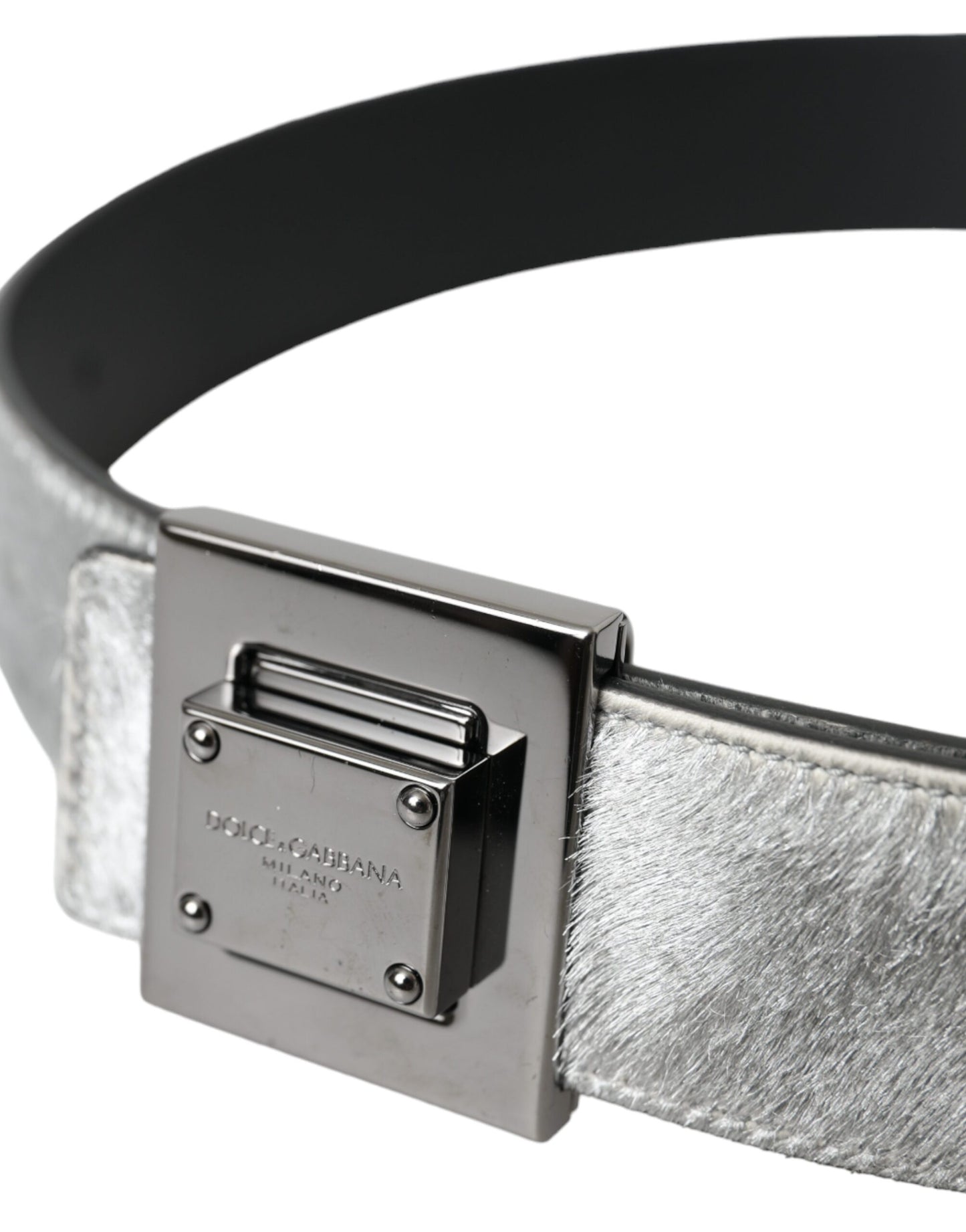 Dolce & Gabbana Silver Leather Square Metal Buckle Belt - KALAJ