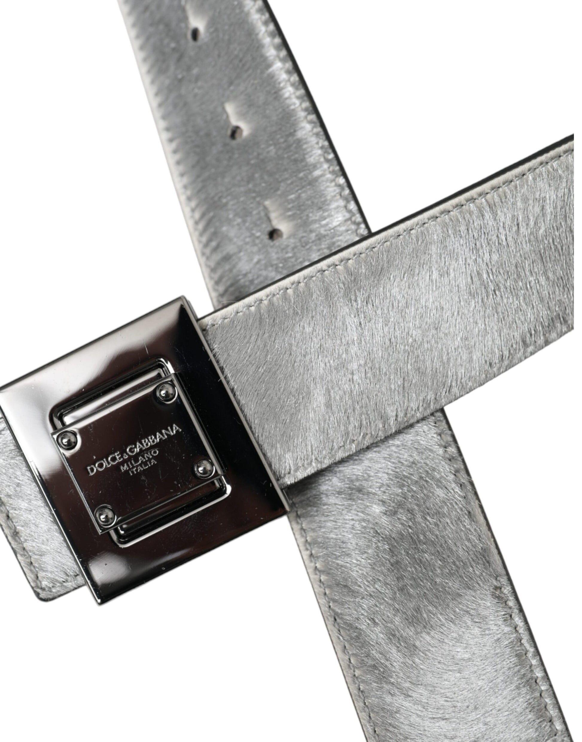 Dolce & Gabbana Silver Leather Square Metal Buckle Belt - KALAJ