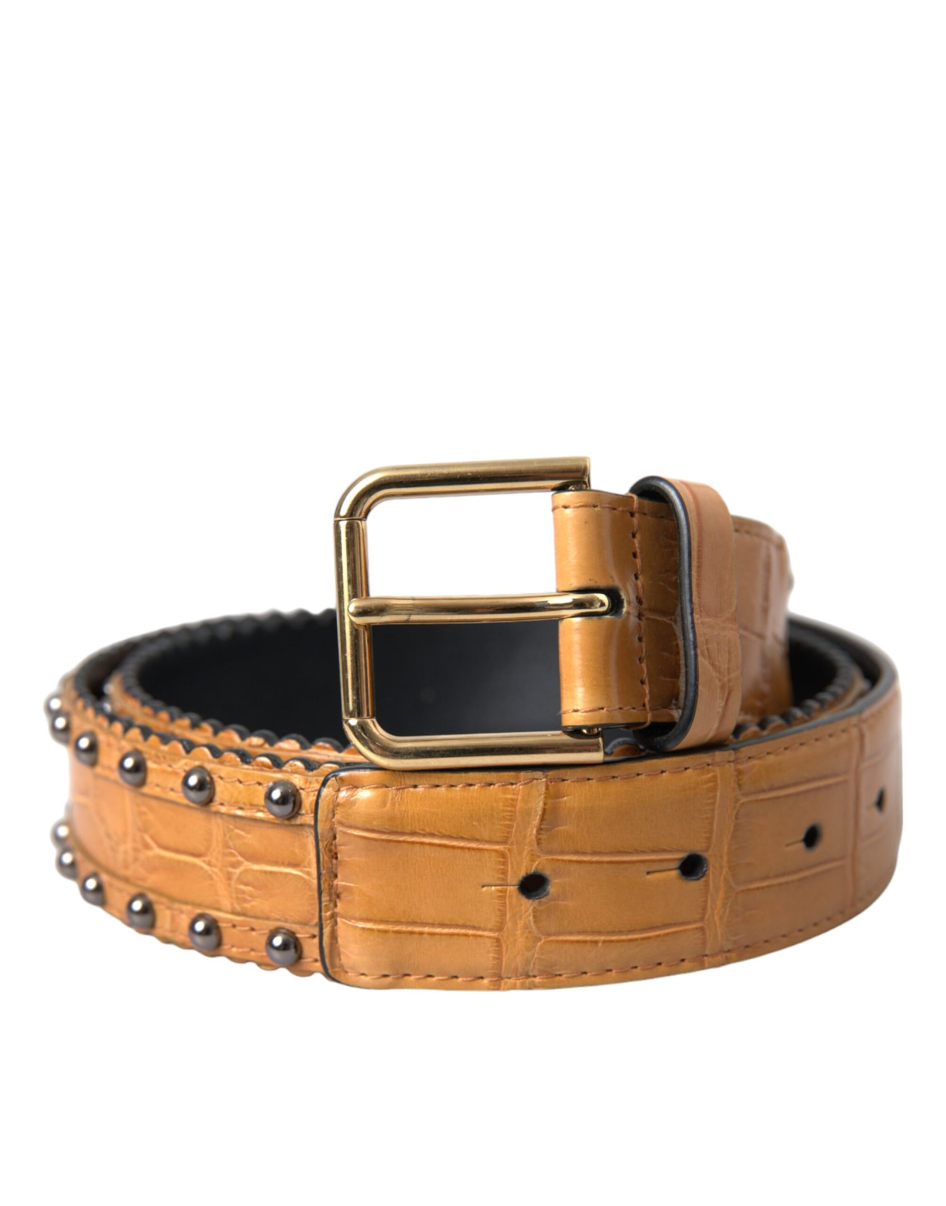 Dolce & Gabbana Beige Alligator Leather Studded Metal Buckle Belt - KALAJ