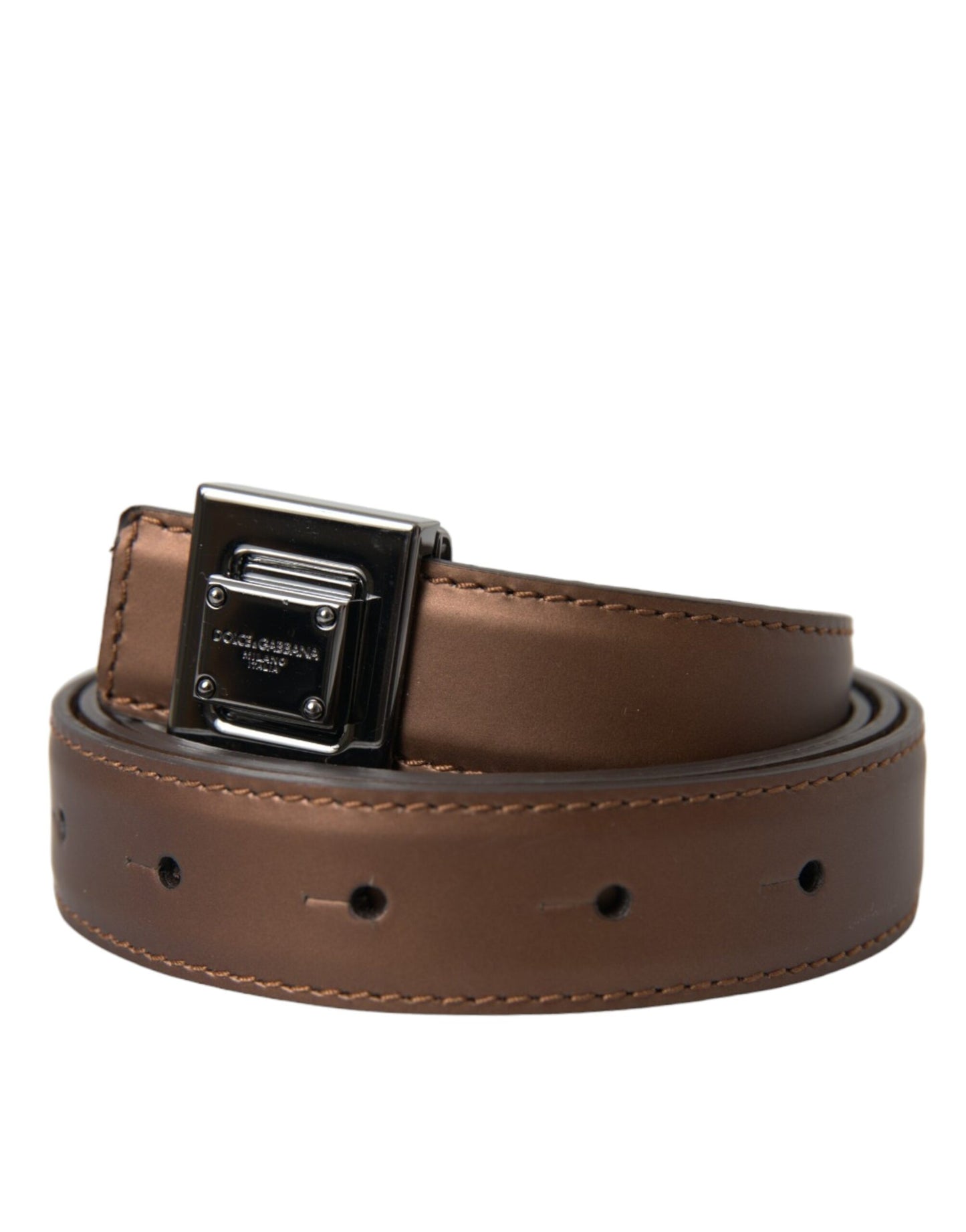 Dolce & Gabbana Bronze Leather Square Metal Buckle Belt - KALAJ