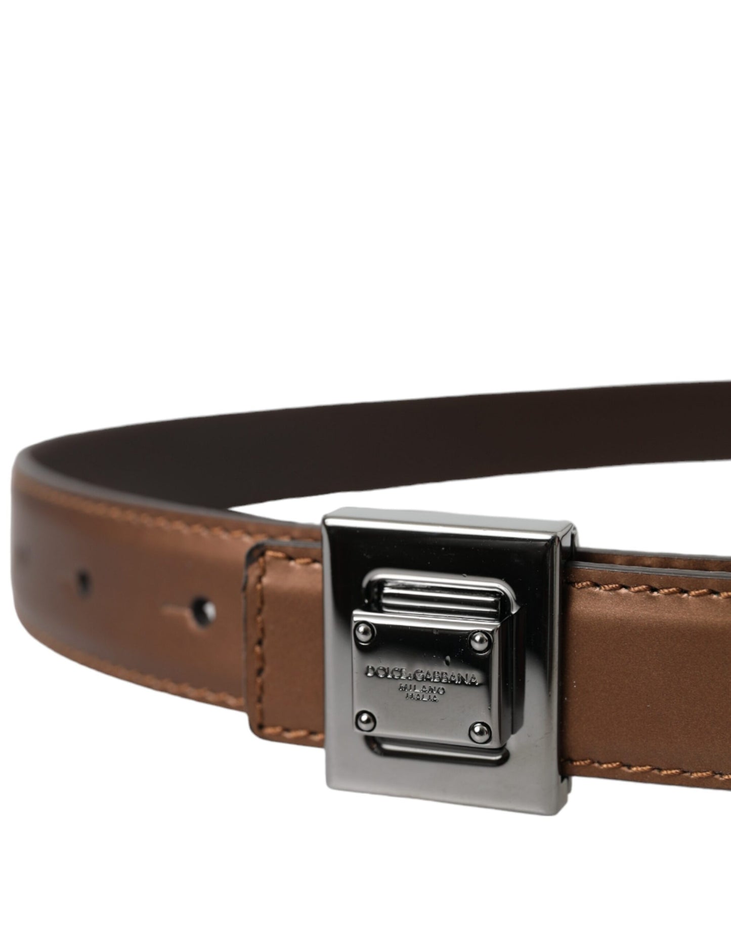 Dolce & Gabbana Bronze Leather Square Metal Buckle Belt - KALAJ