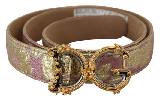 Dolce & Gabbana Pink Jaquard DG Logo Gold Metal Buckle Belt - KALAJ