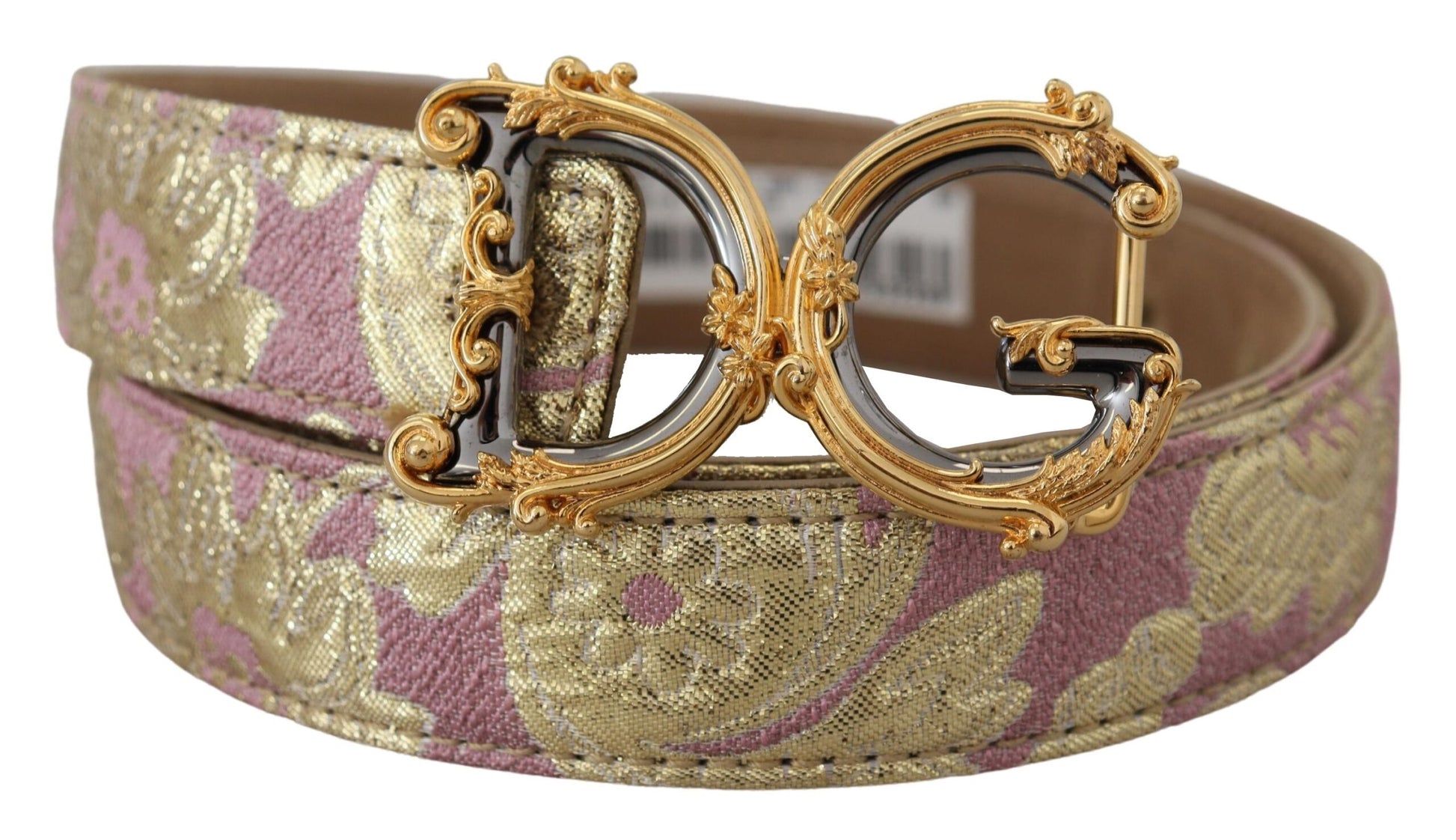 Dolce & Gabbana Pink Jaquard DG Logo Gold Metal Buckle Belt - KALAJ