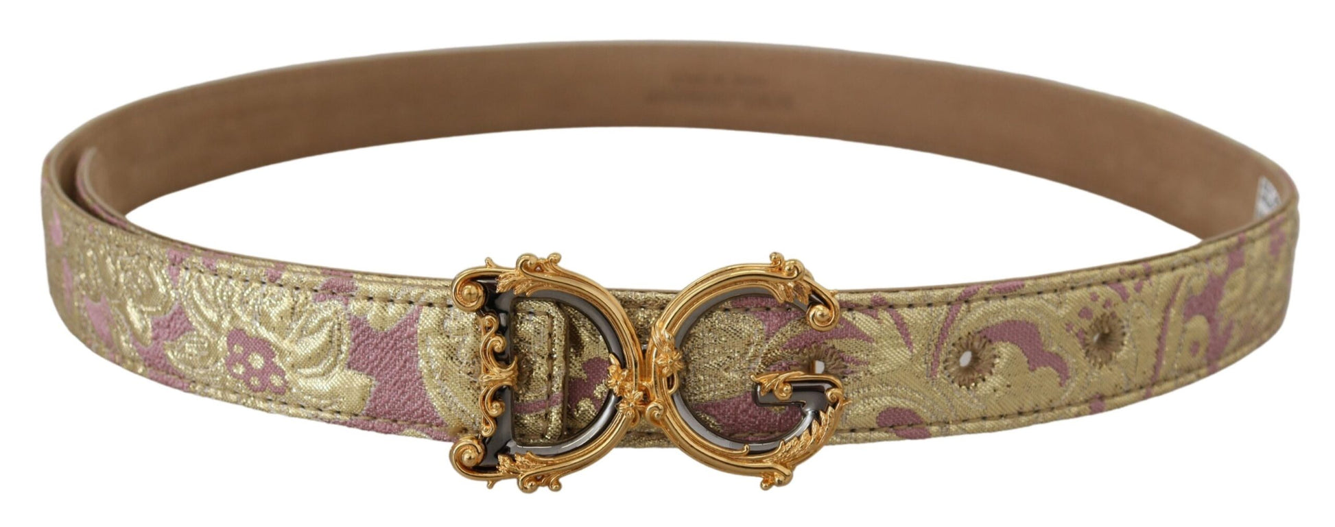 Dolce & Gabbana Pink Jaquard DG Logo Gold Metal Buckle Belt - KALAJ
