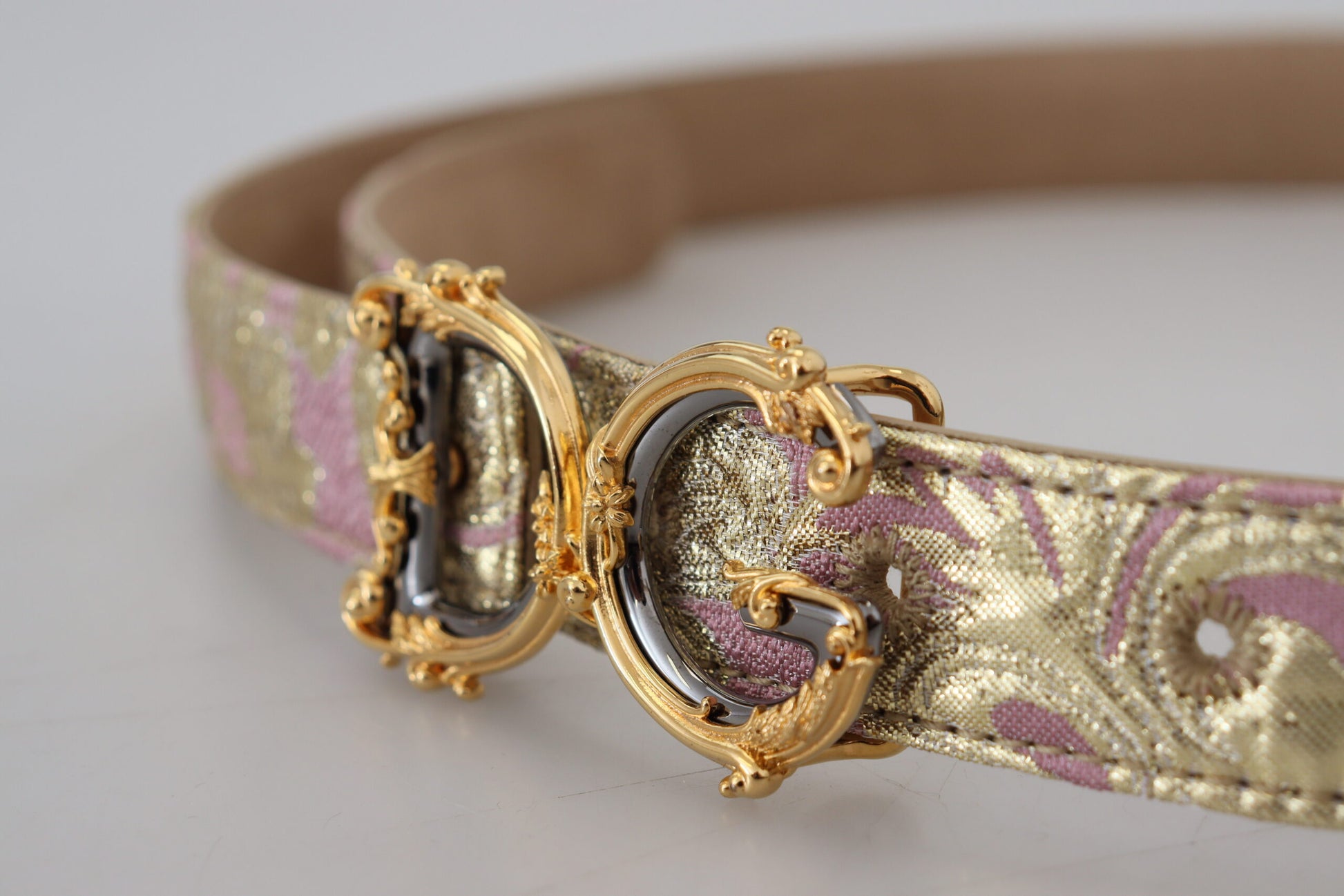 Dolce & Gabbana Pink Jaquard DG Logo Gold Metal Buckle Belt - KALAJ