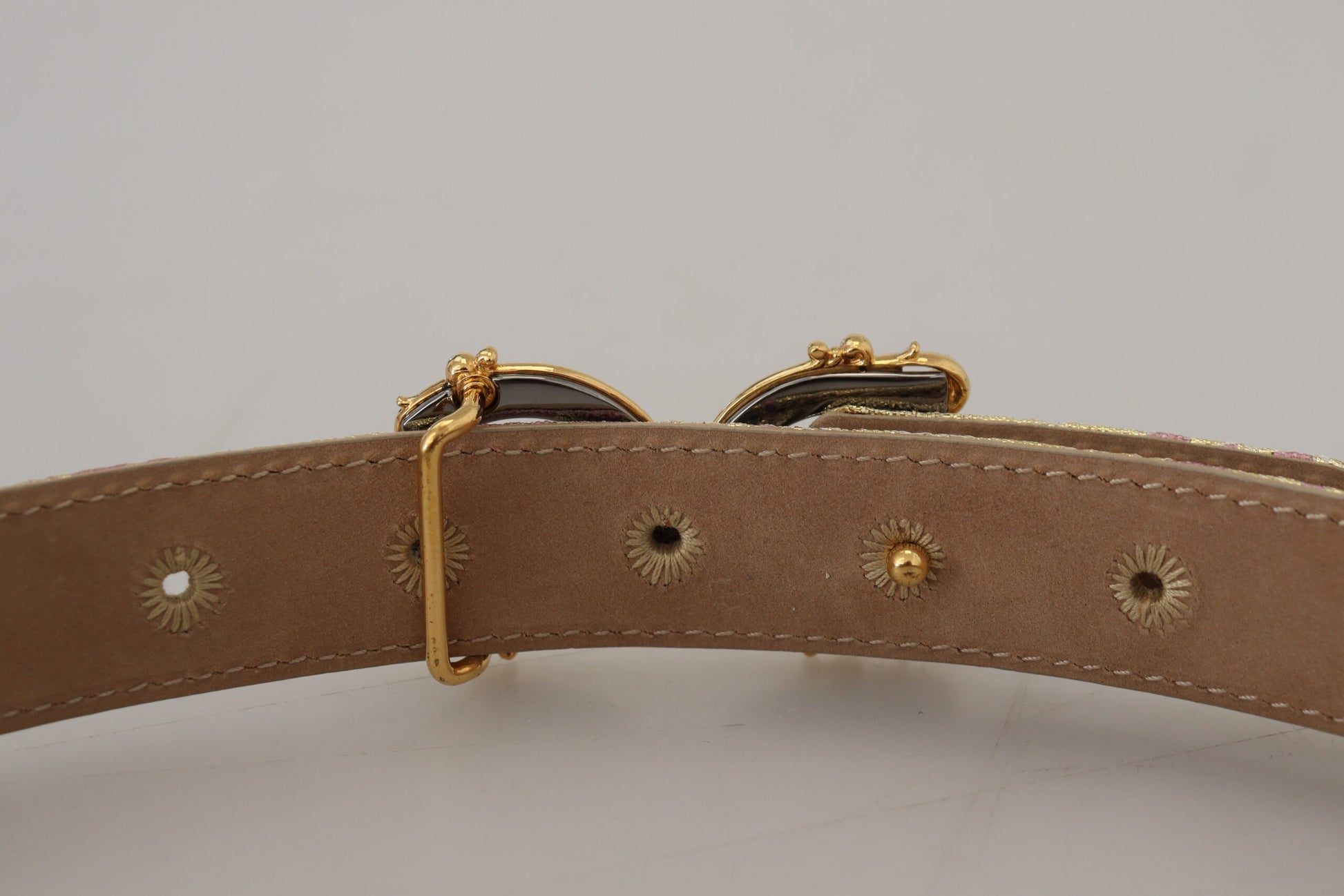 Dolce & Gabbana Pink Jaquard DG Logo Gold Metal Buckle Belt - KALAJ