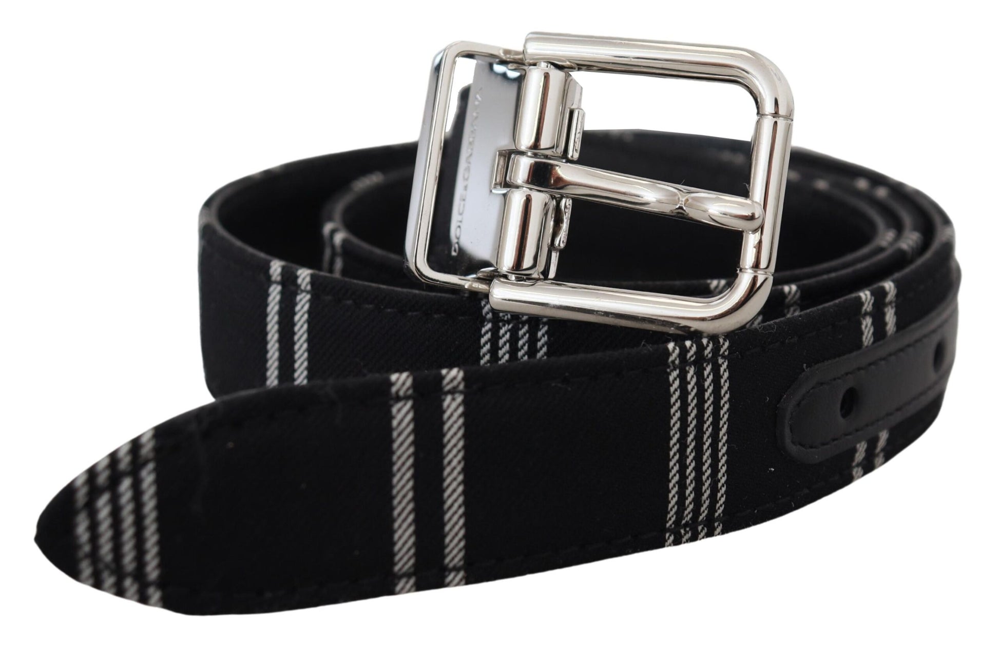 Dolce & Gabbana Black White Cotton Metal Silver Buckle Belt - KALAJ