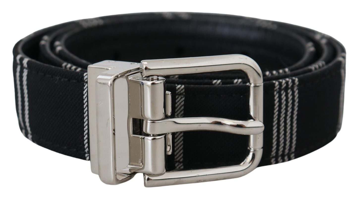 Dolce & Gabbana Black White Cotton Metal Silver Buckle Belt - KALAJ