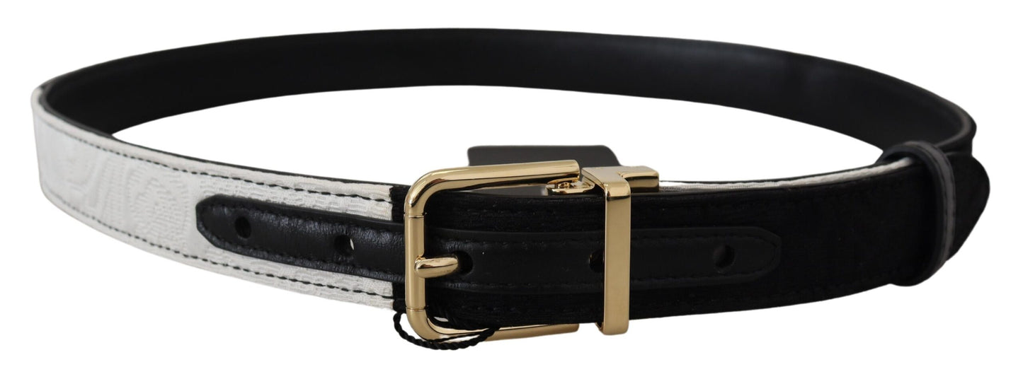 Dolce & Gabbana White Black Patchwork Gold Metal Buckle Belt - KALAJ