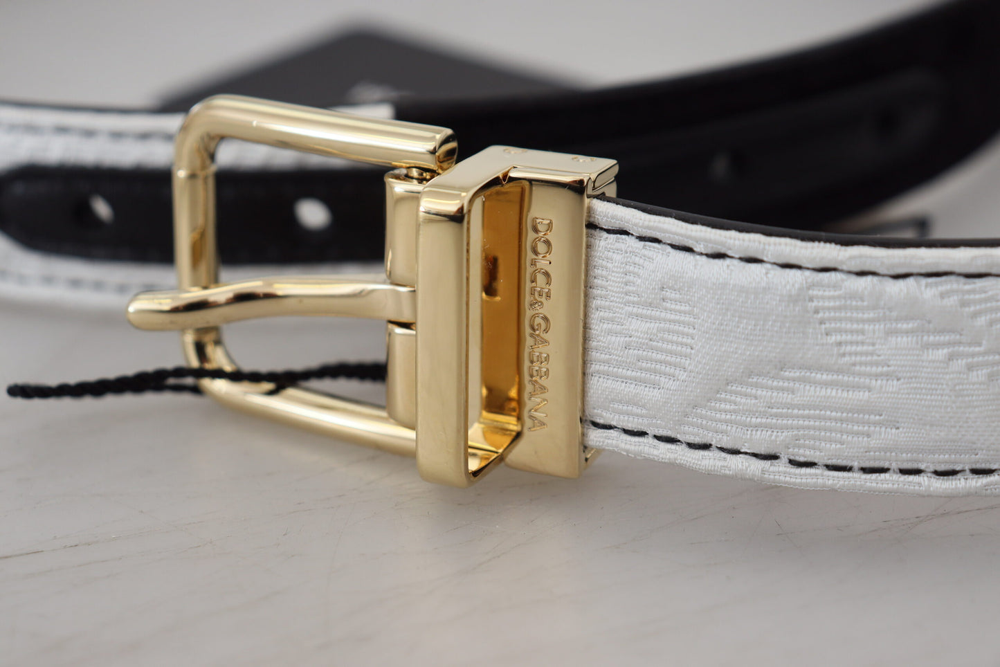 Dolce & Gabbana White Black Patchwork Gold Metal Buckle Belt - KALAJ