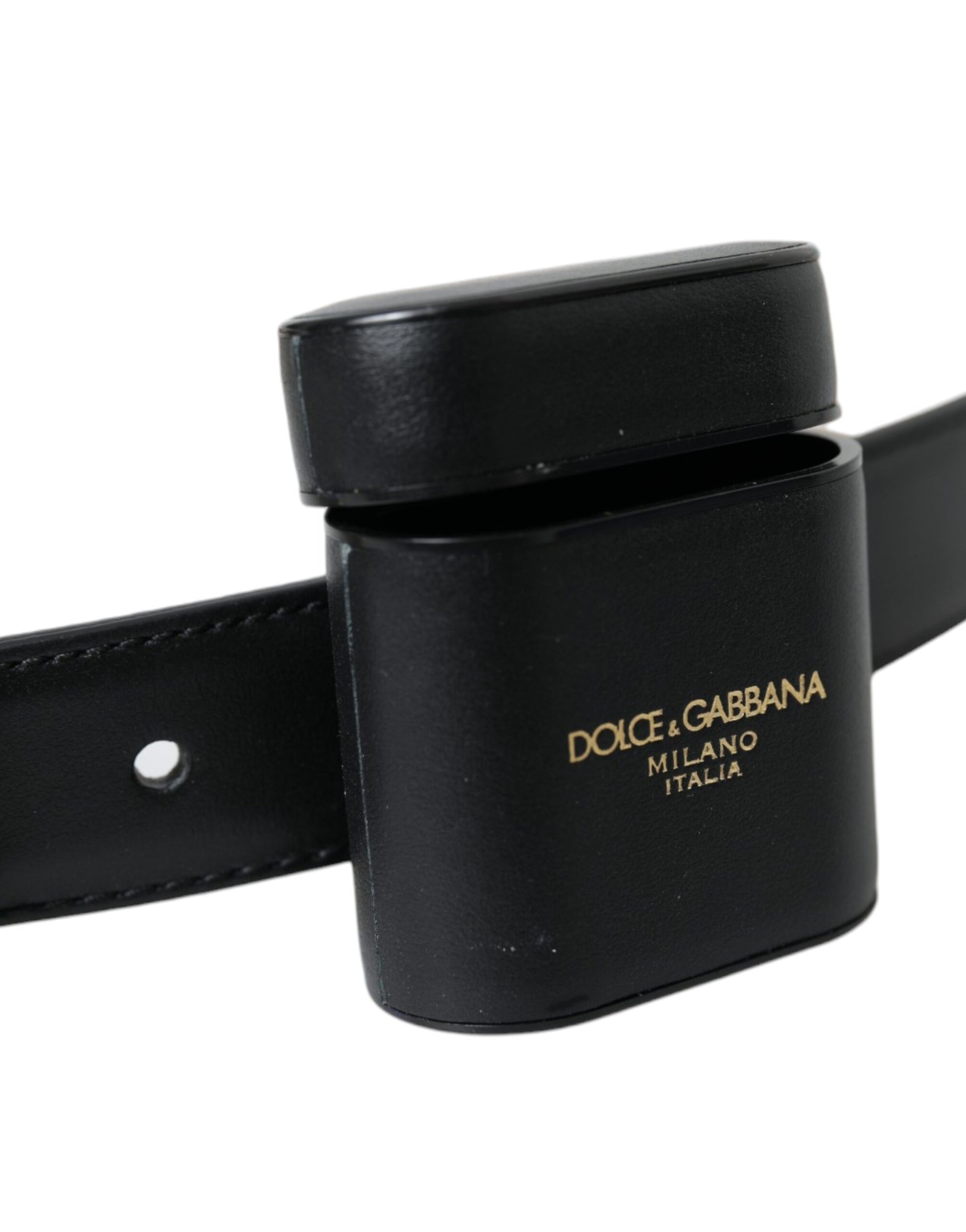 Dolce & Gabbana Black Leather Airpods Case Silver Buckle Belt - KALAJ