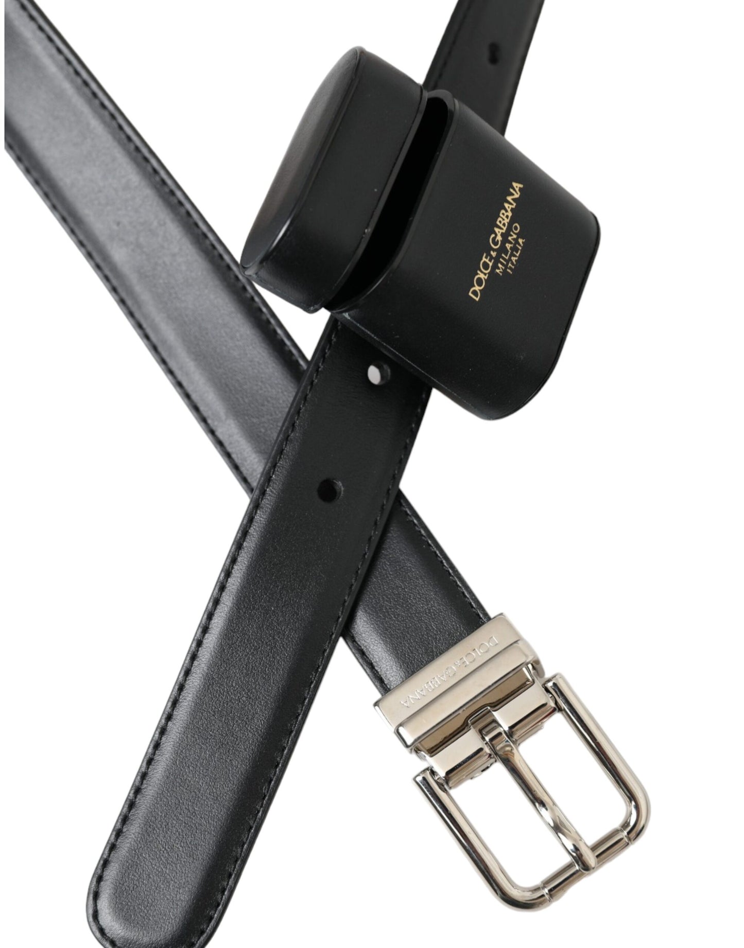 Dolce & Gabbana Black Leather Airpods Case Silver Buckle Belt - KALAJ