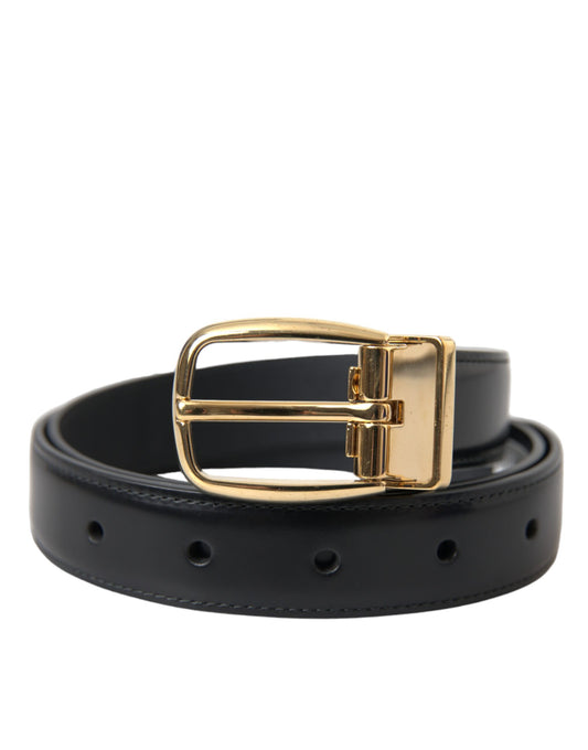 Dolce & Gabbana Black Calf Leather Gold Metal Buckle Belt - KALAJ