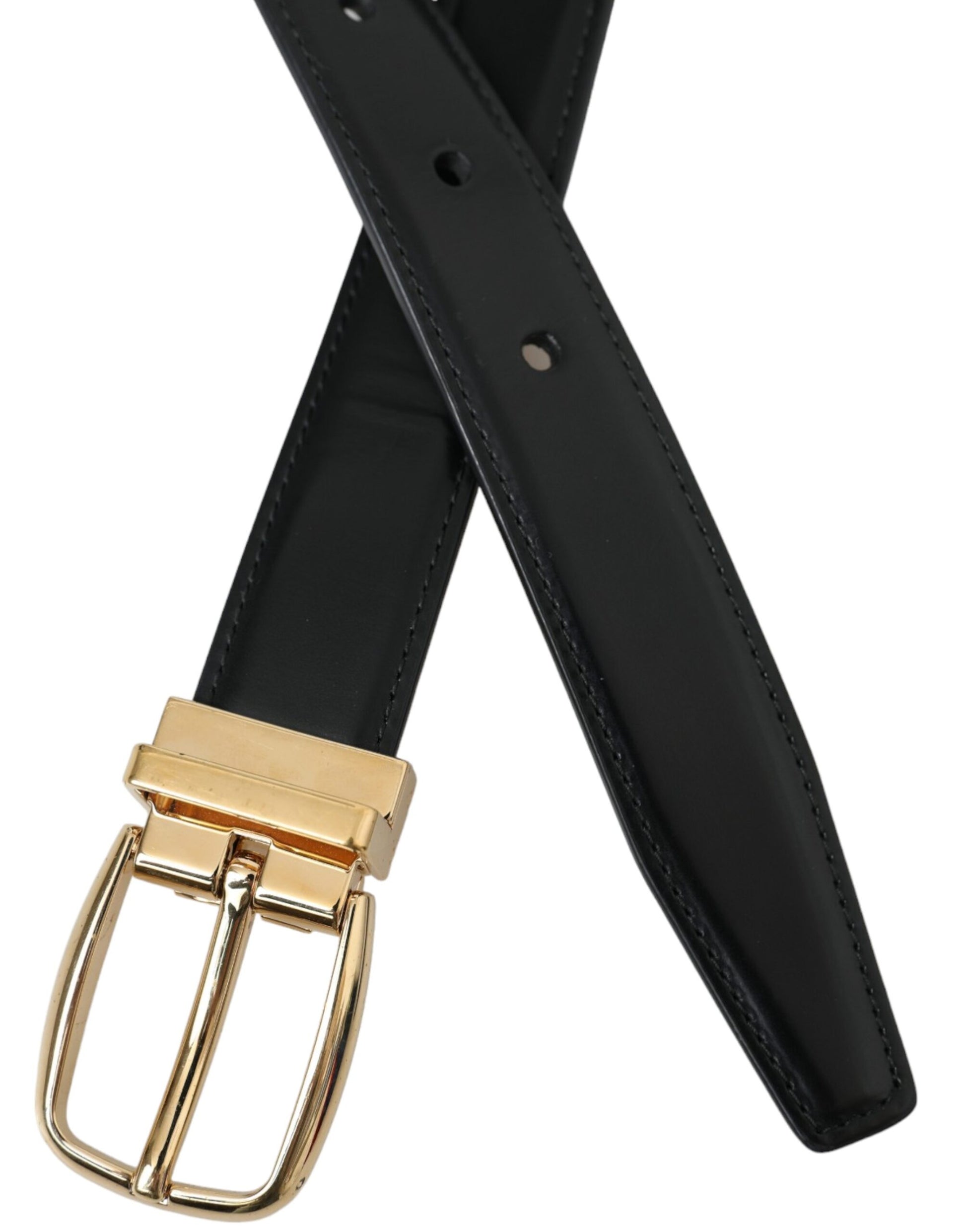 Dolce & Gabbana Black Calf Leather Gold Metal Buckle Belt - KALAJ