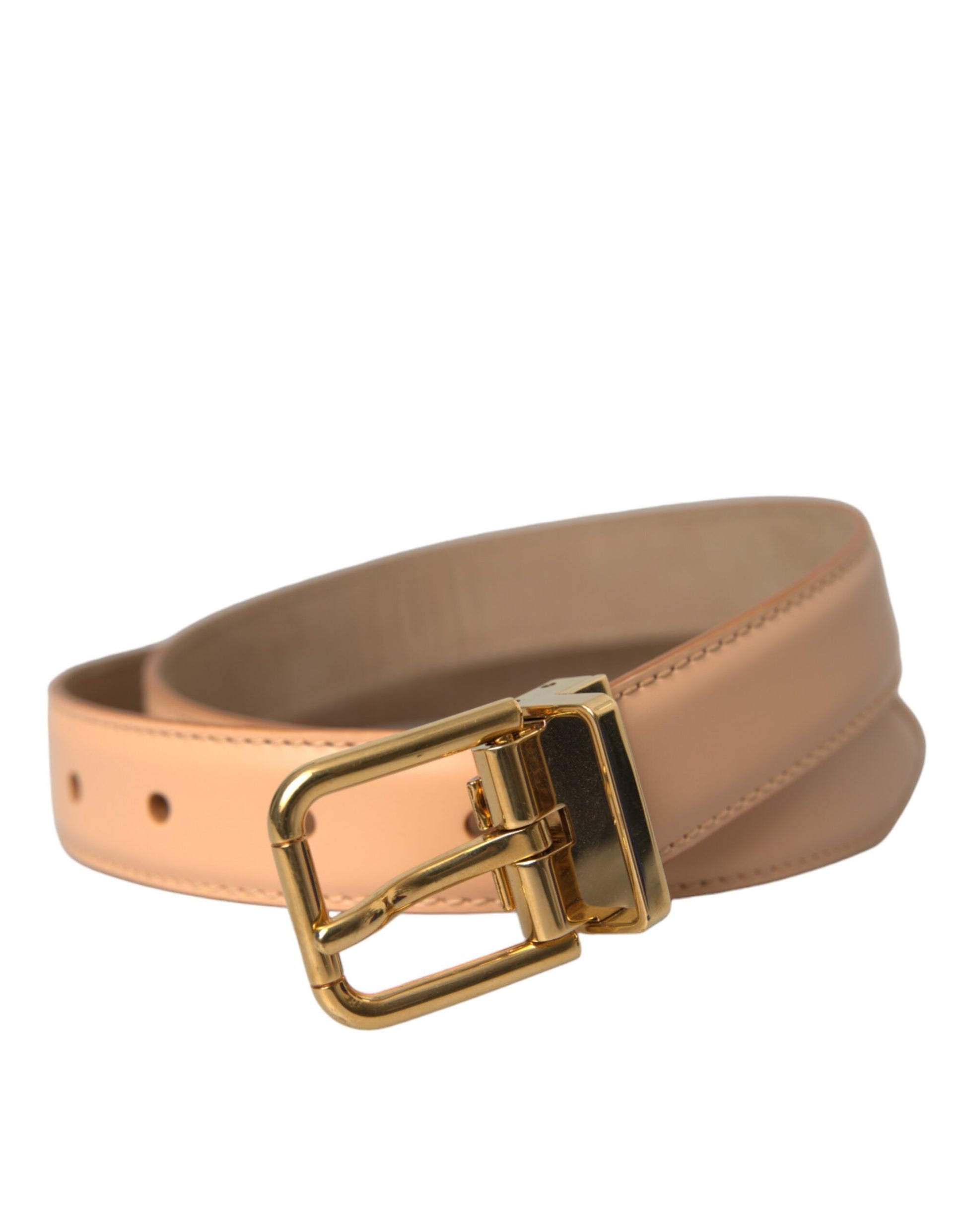 Dolce & Gabbana Beige Calfskin Leather Gold Metal Buckle Belt - KALAJ