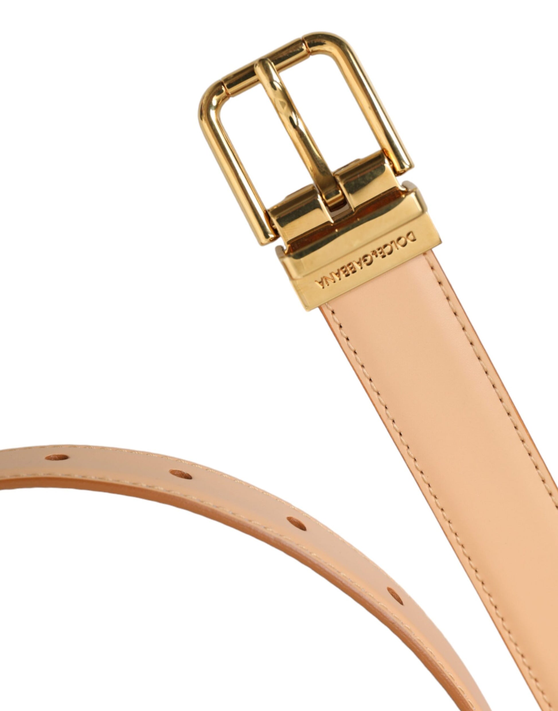 Dolce & Gabbana Beige Calfskin Leather Gold Metal Buckle Belt - KALAJ