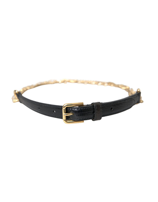 Dolce & Gabbana Black Leather Gold Chain Crystal Waist Women Belt - KALAJ