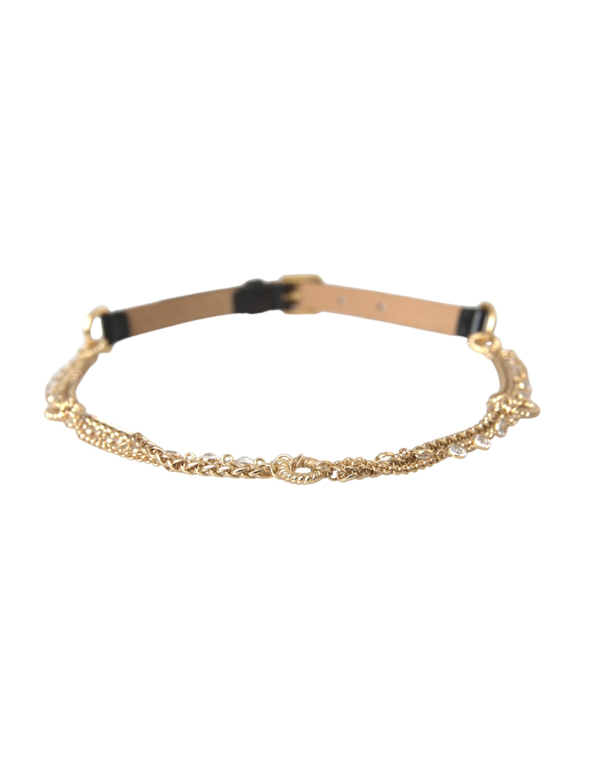 Dolce & Gabbana Black Leather Gold Chain Crystal Waist Women Belt - KALAJ