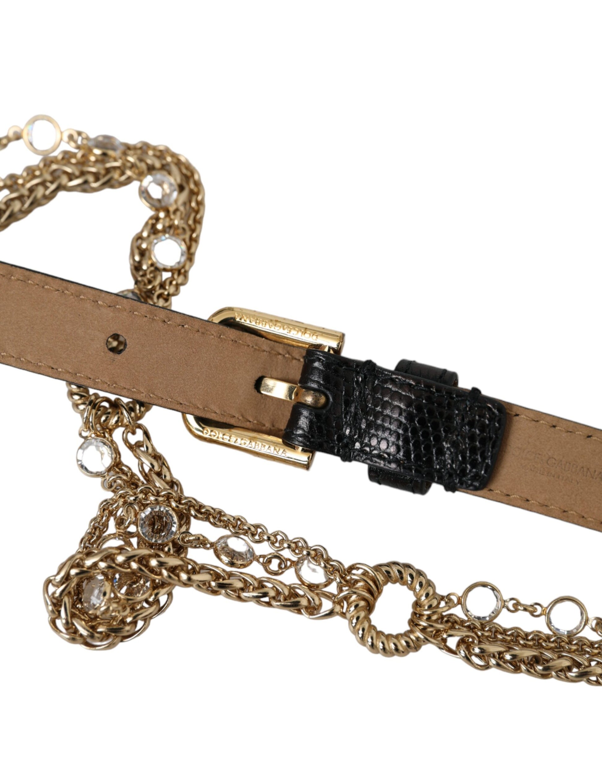 Dolce & Gabbana Black Leather Gold Chain Crystal Waist Women Belt - KALAJ