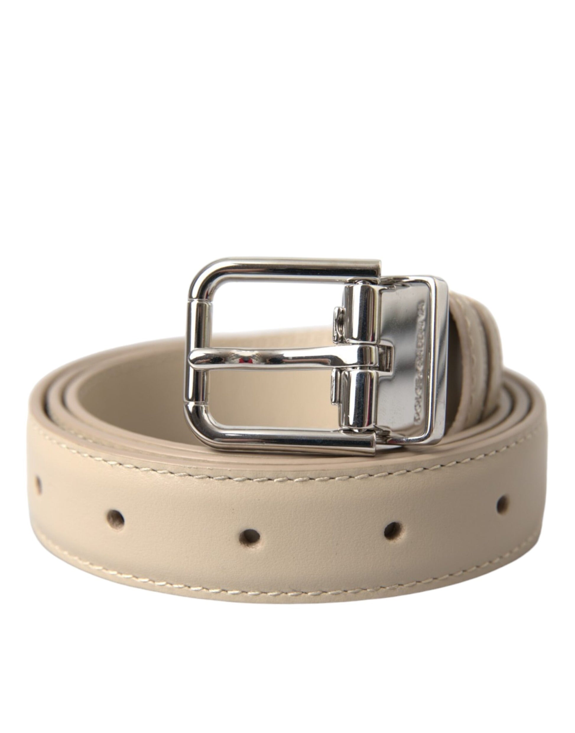 Dolce & Gabbana Beige Calfskin Leather Silver Metal Buckle Belt - KALAJ