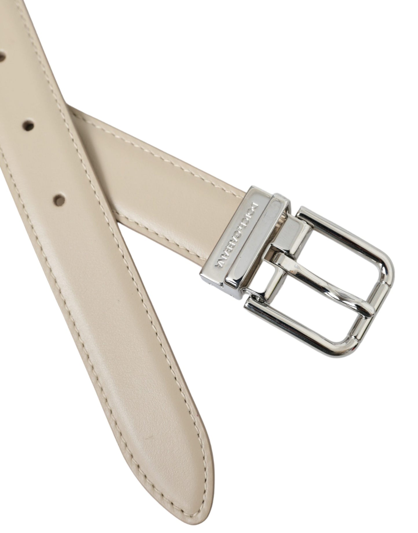 Dolce & Gabbana Beige Calfskin Leather Silver Metal Buckle Belt - KALAJ