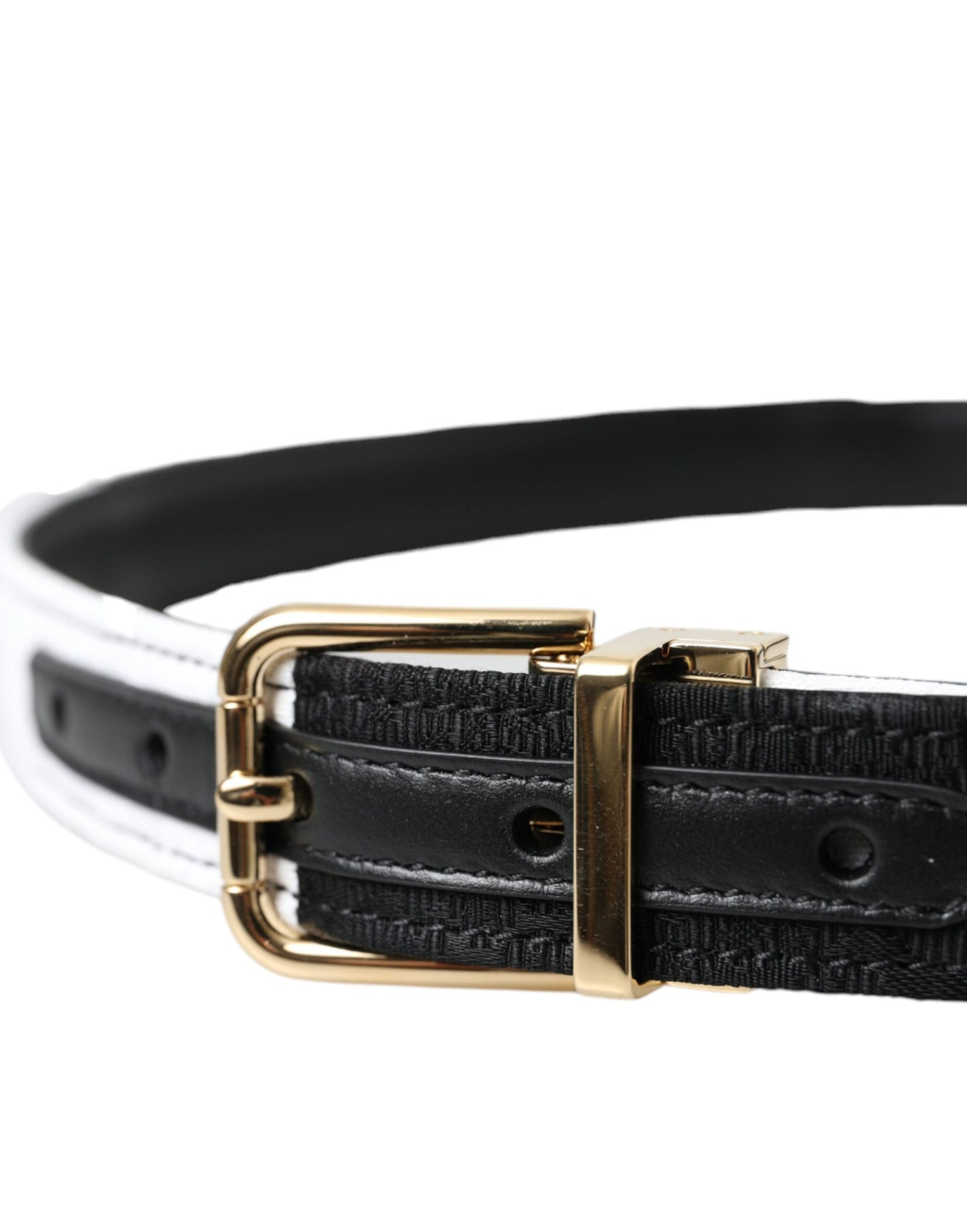 Dolce & Gabbana Black White Patchwork Gold Metal Buckle Belt - KALAJ