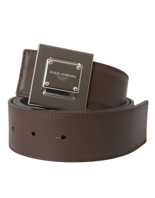 Dolce & Gabbana Brown Calf Leather Square Metal Buckle Belt - KALAJ