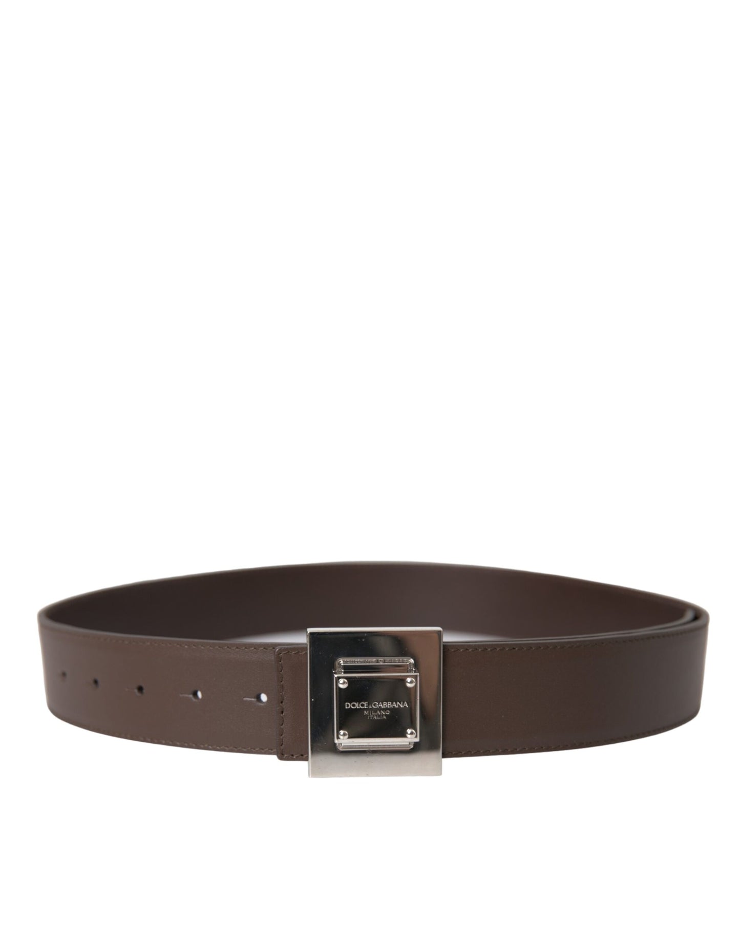 Dolce & Gabbana Brown Calf Leather Square Metal Buckle Belt - KALAJ