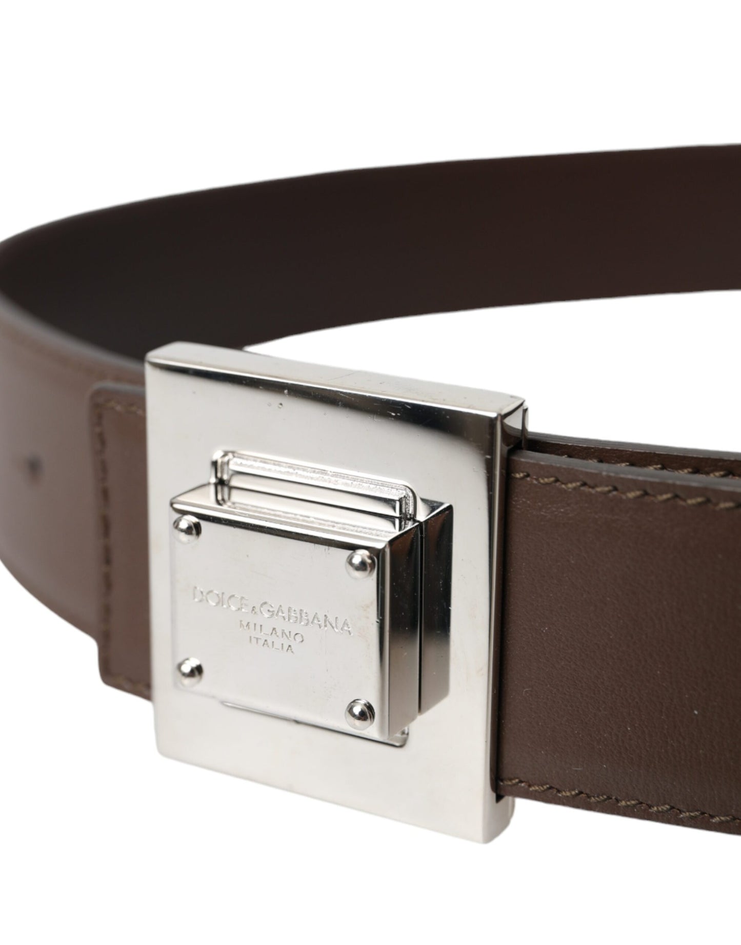 Dolce & Gabbana Brown Calf Leather Square Metal Buckle Belt - KALAJ