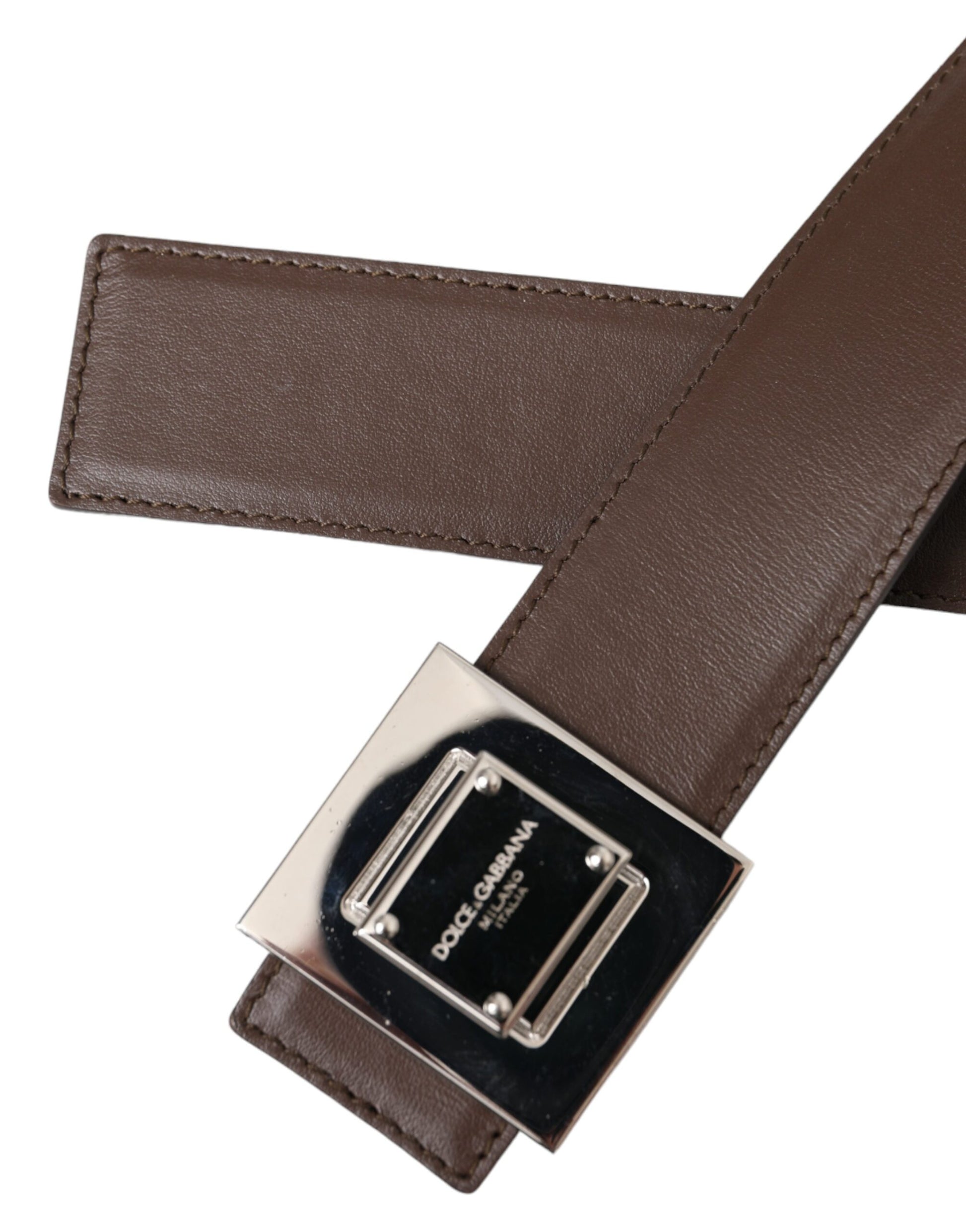 Dolce & Gabbana Brown Calf Leather Square Metal Buckle Belt - KALAJ