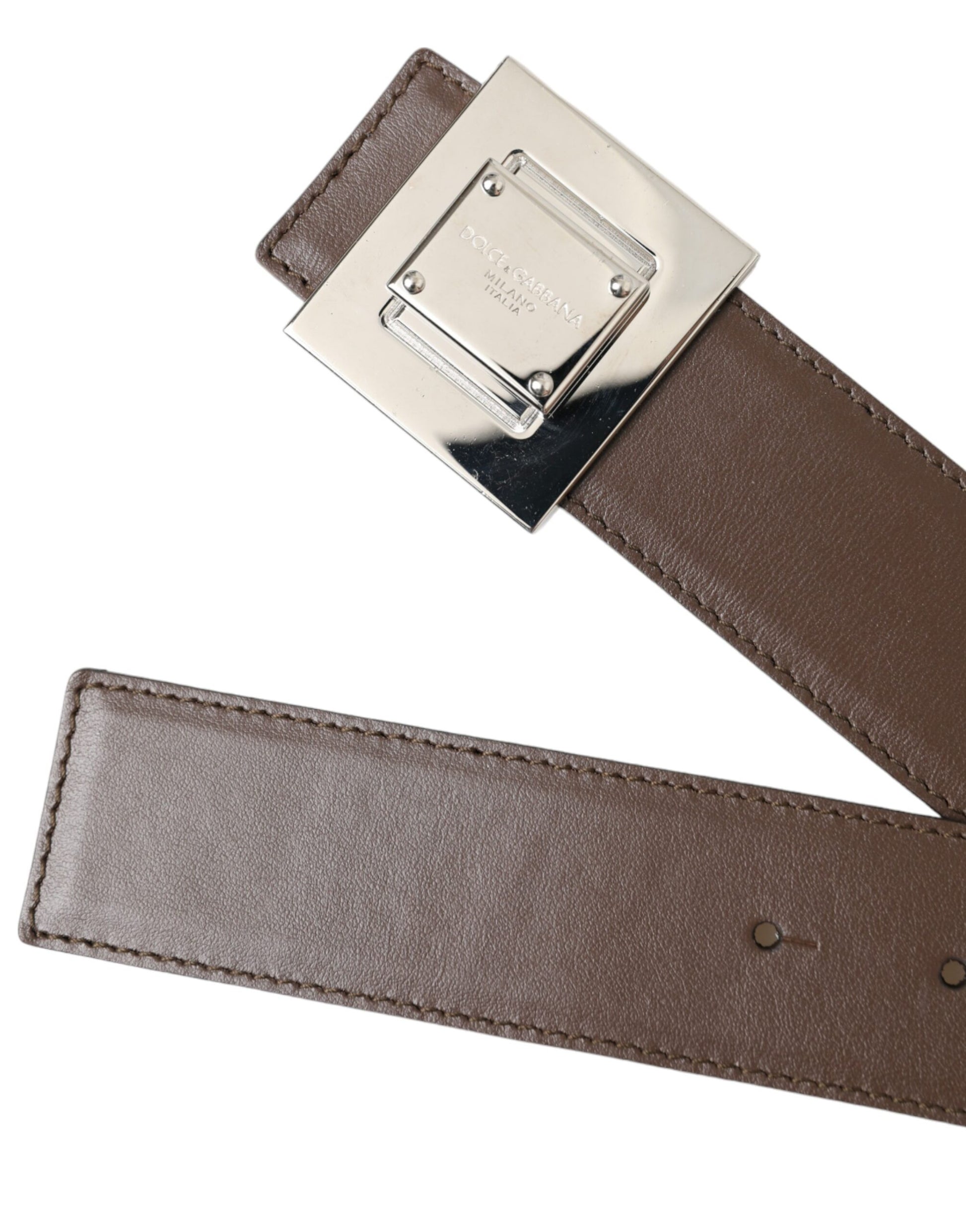 Dolce & Gabbana Brown Calf Leather Square Metal Buckle Belt - KALAJ