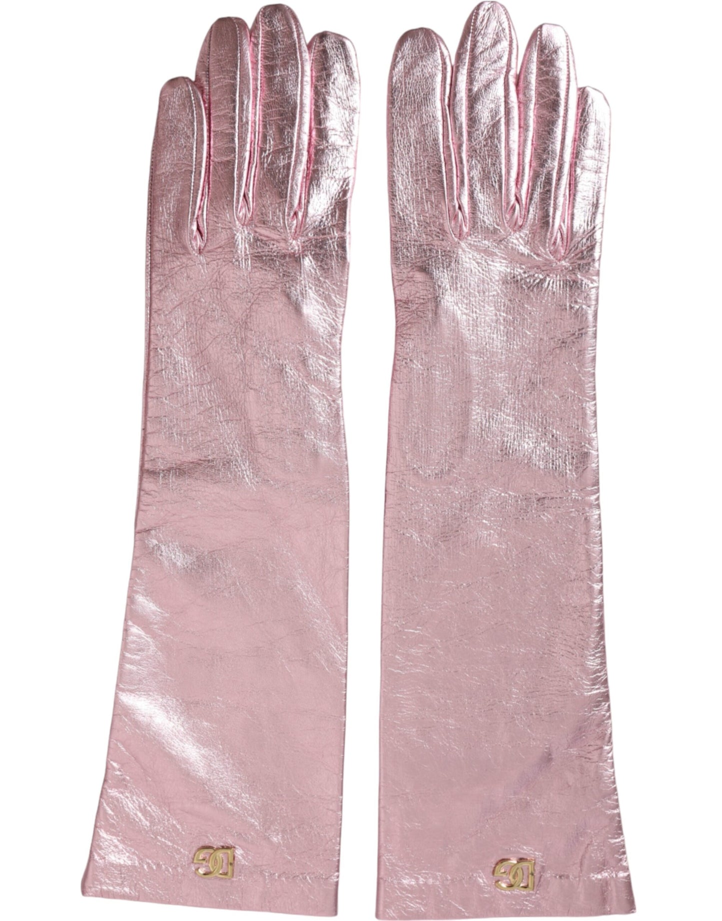 Dolce & Gabbana Pink Laminated Logo Mid Arm Length Gloves - KALAJ