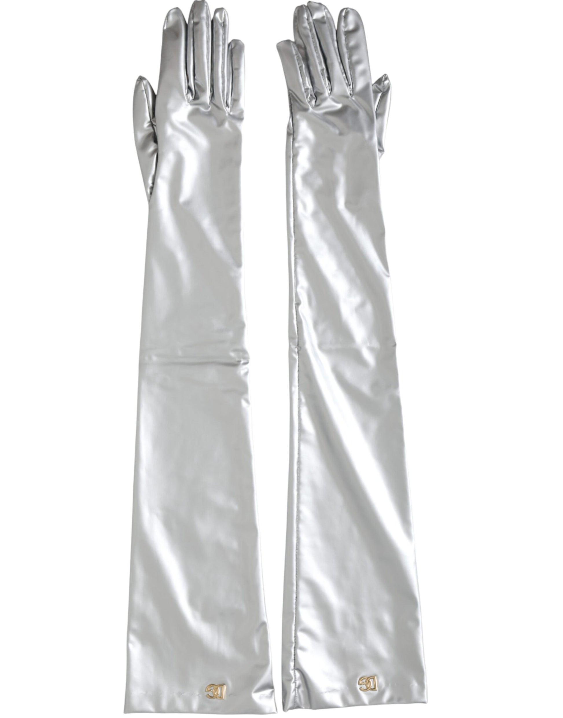 Dolce & Gabbana Silver Spandex Logo Elbow Length Gloves - KALAJ