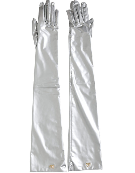 Dolce & Gabbana Silver Spandex Logo Elbow Length Gloves - KALAJ