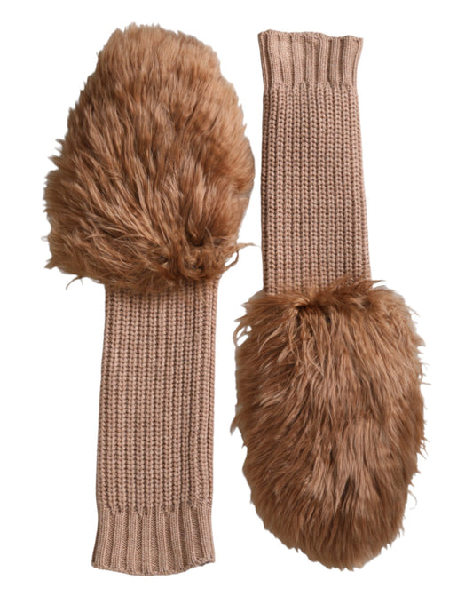 Dolce & Gabbana Brown Cashmere Knitted Fur Mid Arm Mitten Gloves - KALAJ