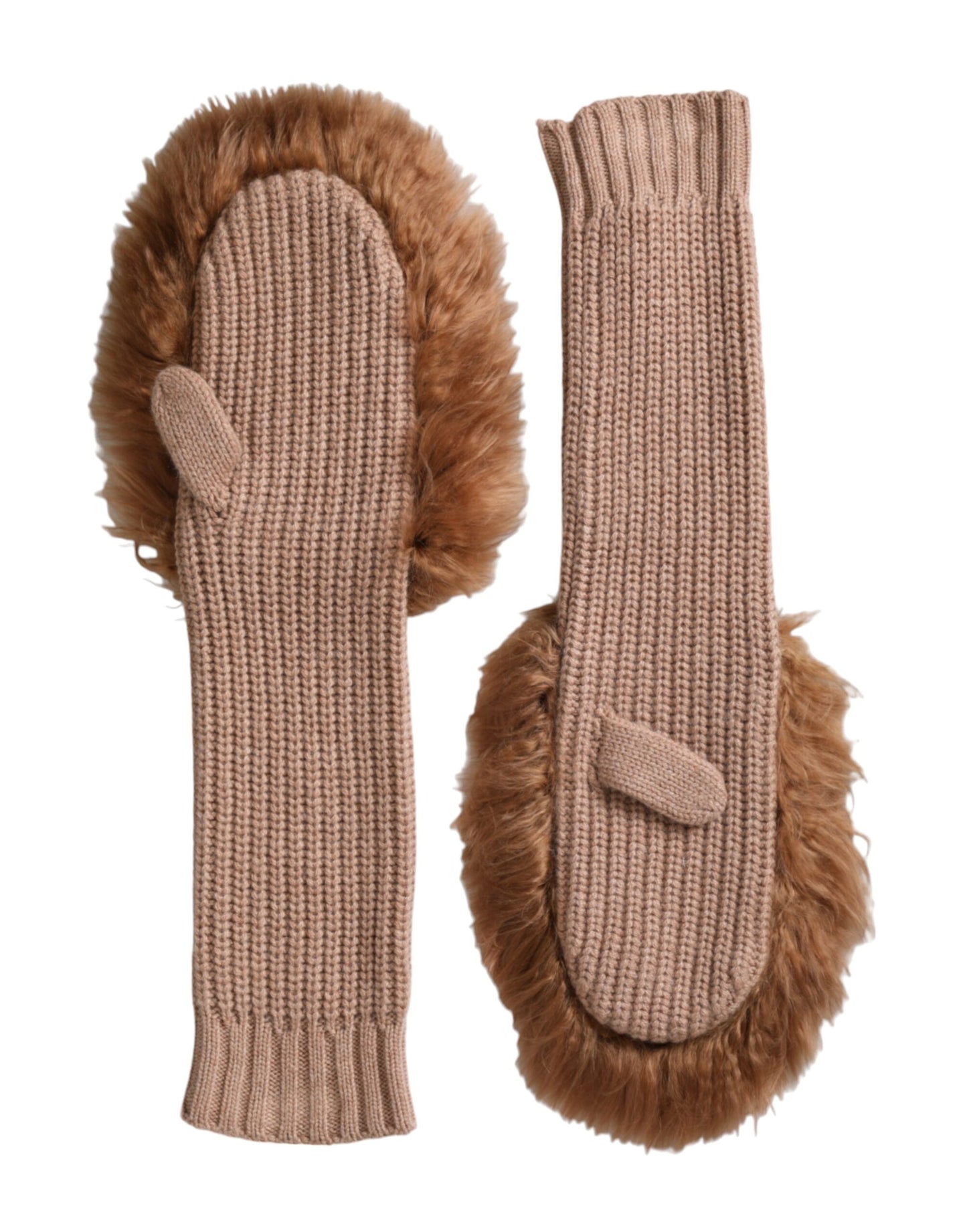 Dolce & Gabbana Brown Cashmere Knitted Fur Mid Arm Mitten Gloves - KALAJ