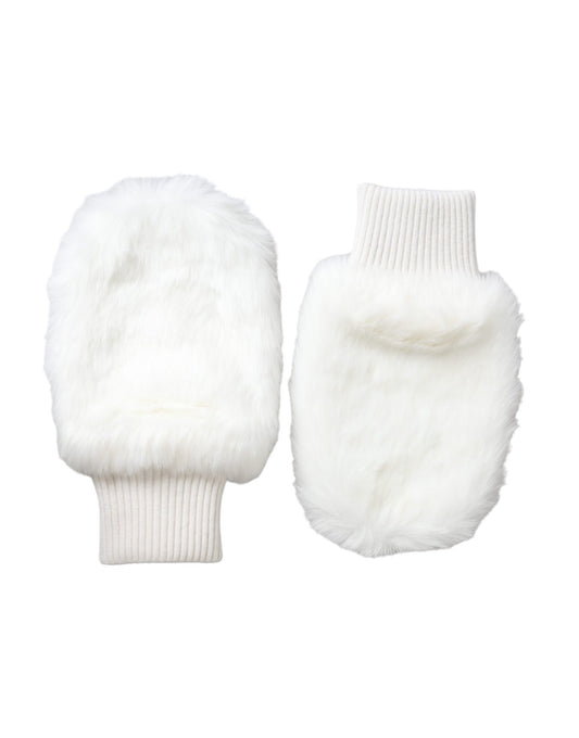 Dolce & Gabbana White Acrylic Knitted Fur Wrist Mitten Gloves - KALAJ