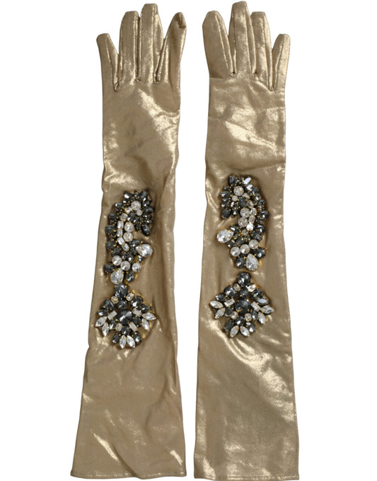 Dolce & Gabbana Beige Satin Crystal Elbow Length Gloves - KALAJ