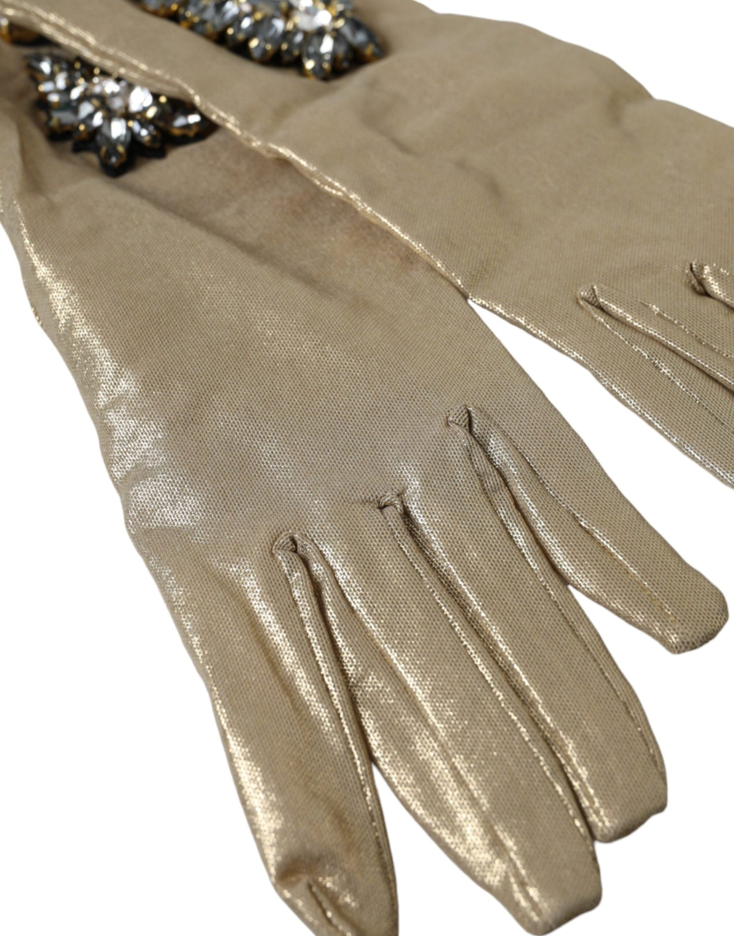 Dolce & Gabbana Beige Satin Crystal Elbow Length Gloves - KALAJ