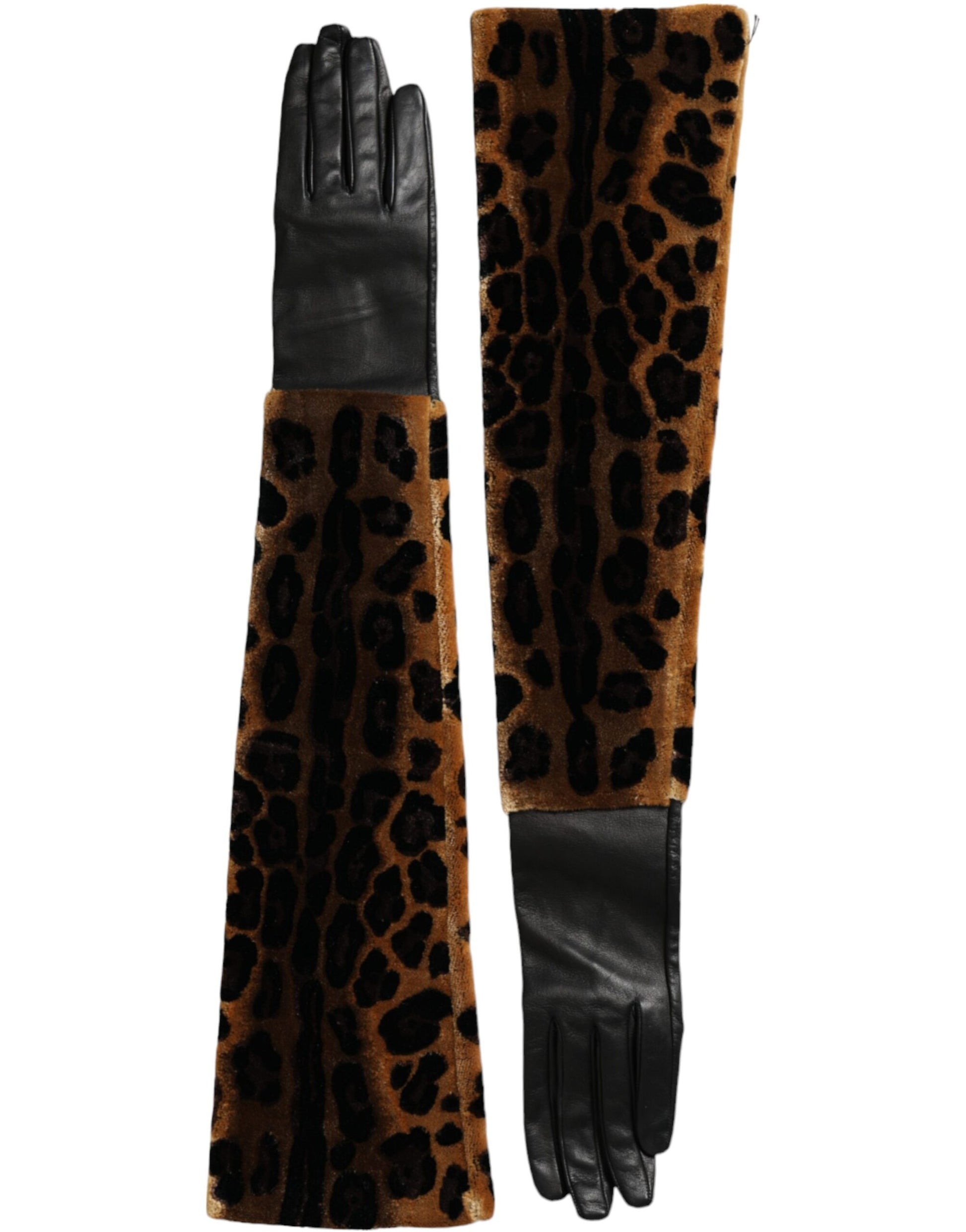 Dolce & Gabbana Brown Black Leopard Leather Elbow Length Gloves - KALAJ