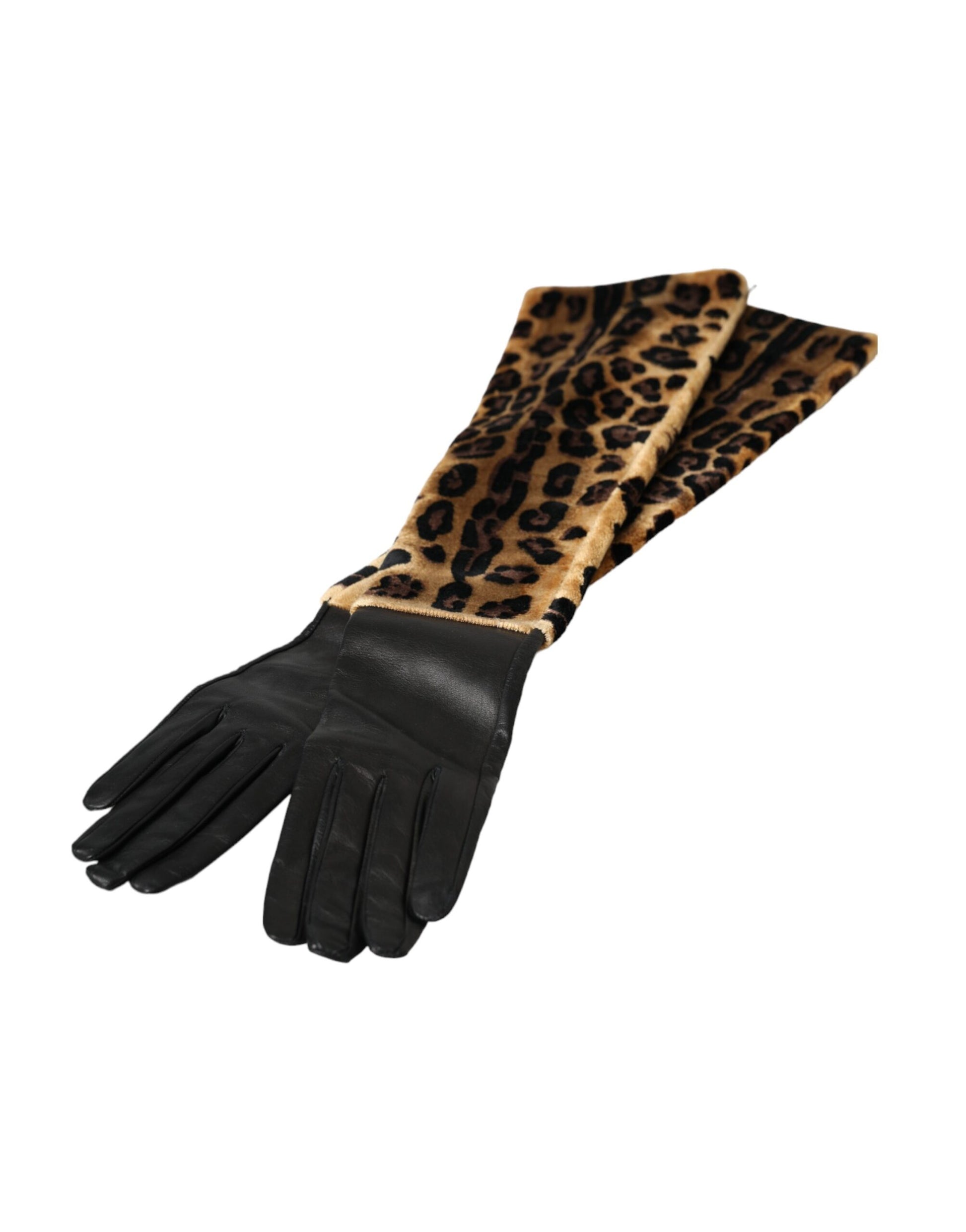 Dolce & Gabbana Brown Black Leopard Leather Elbow Length Gloves - KALAJ