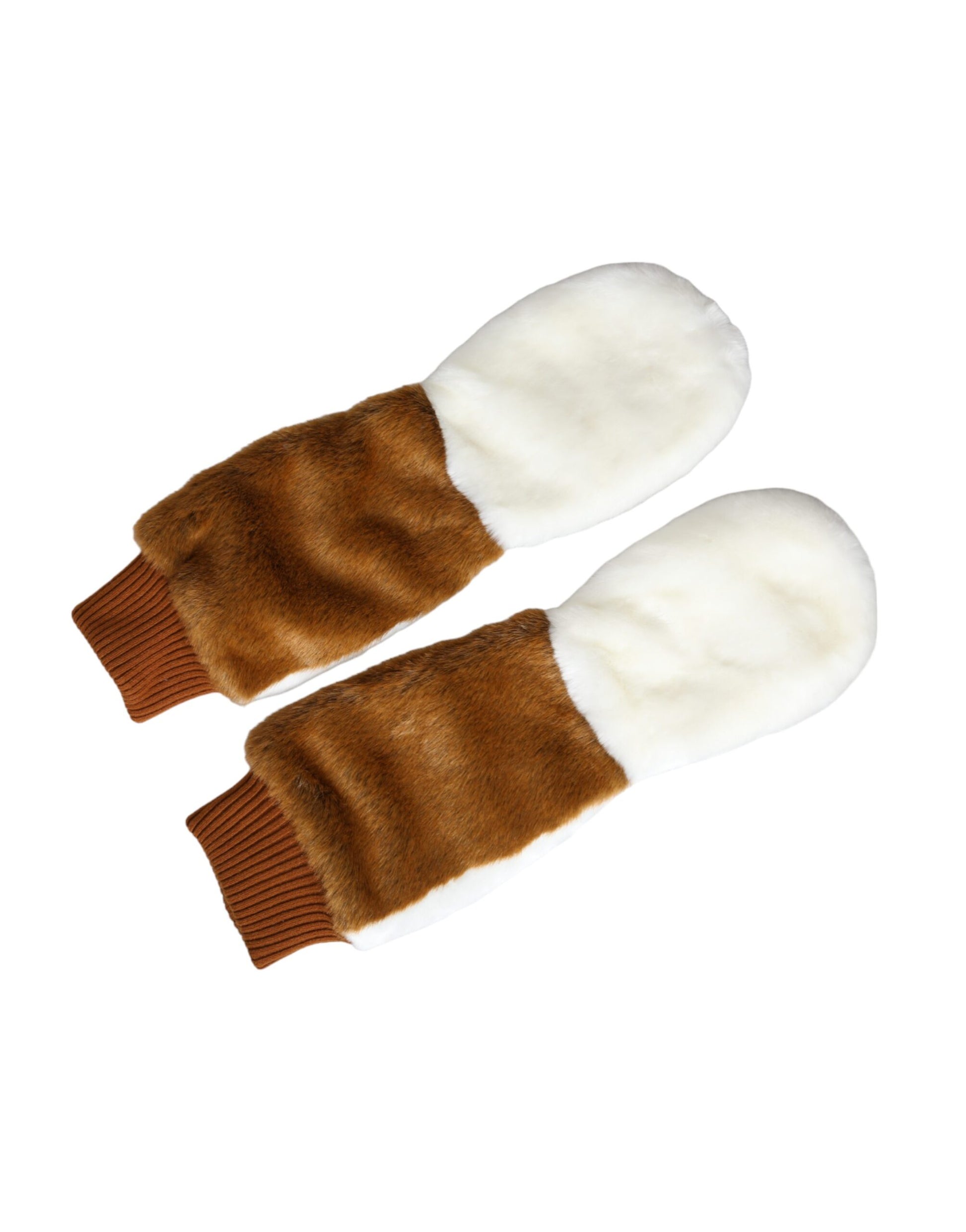 Dolce & Gabbana Brown White Acrylic Knitted Fur Mitten Gloves - KALAJ