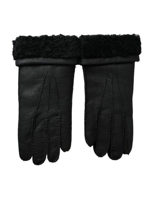 Dolce & Gabbana Black Leather Fur Short Hands Gloves - KALAJ