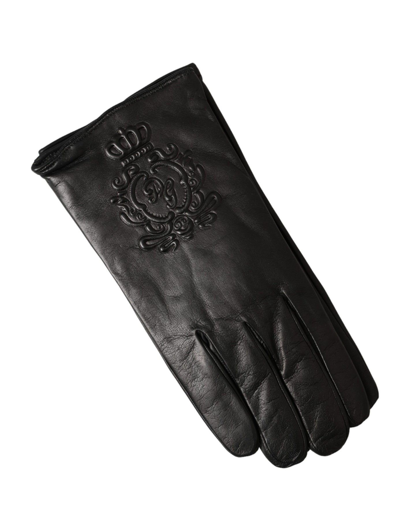 Dolce & Gabbana Black Leather Embossed Logo Short Hands Gloves - KALAJ