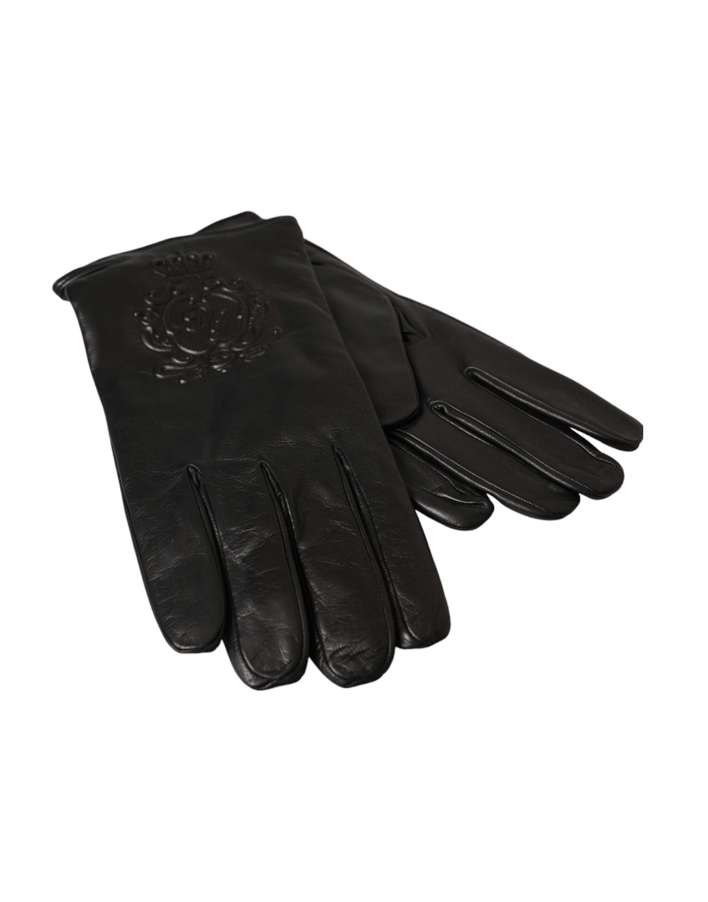 Dolce & Gabbana Black Leather Embossed Logo Short Hands Gloves - KALAJ