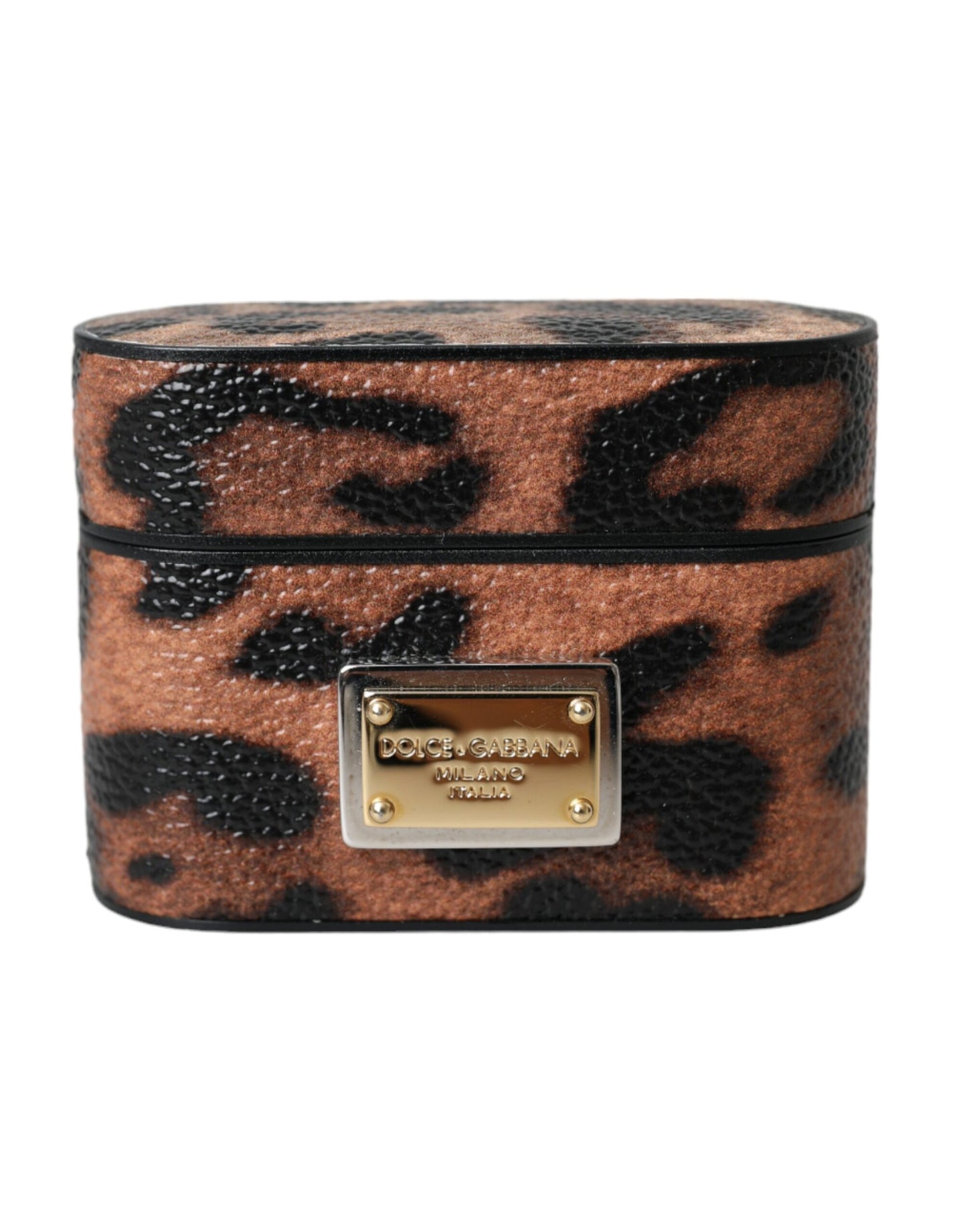 Dolce & Gabbana Brown Leopard Calf Leather Logo Plaque Airpods Case - KALAJ