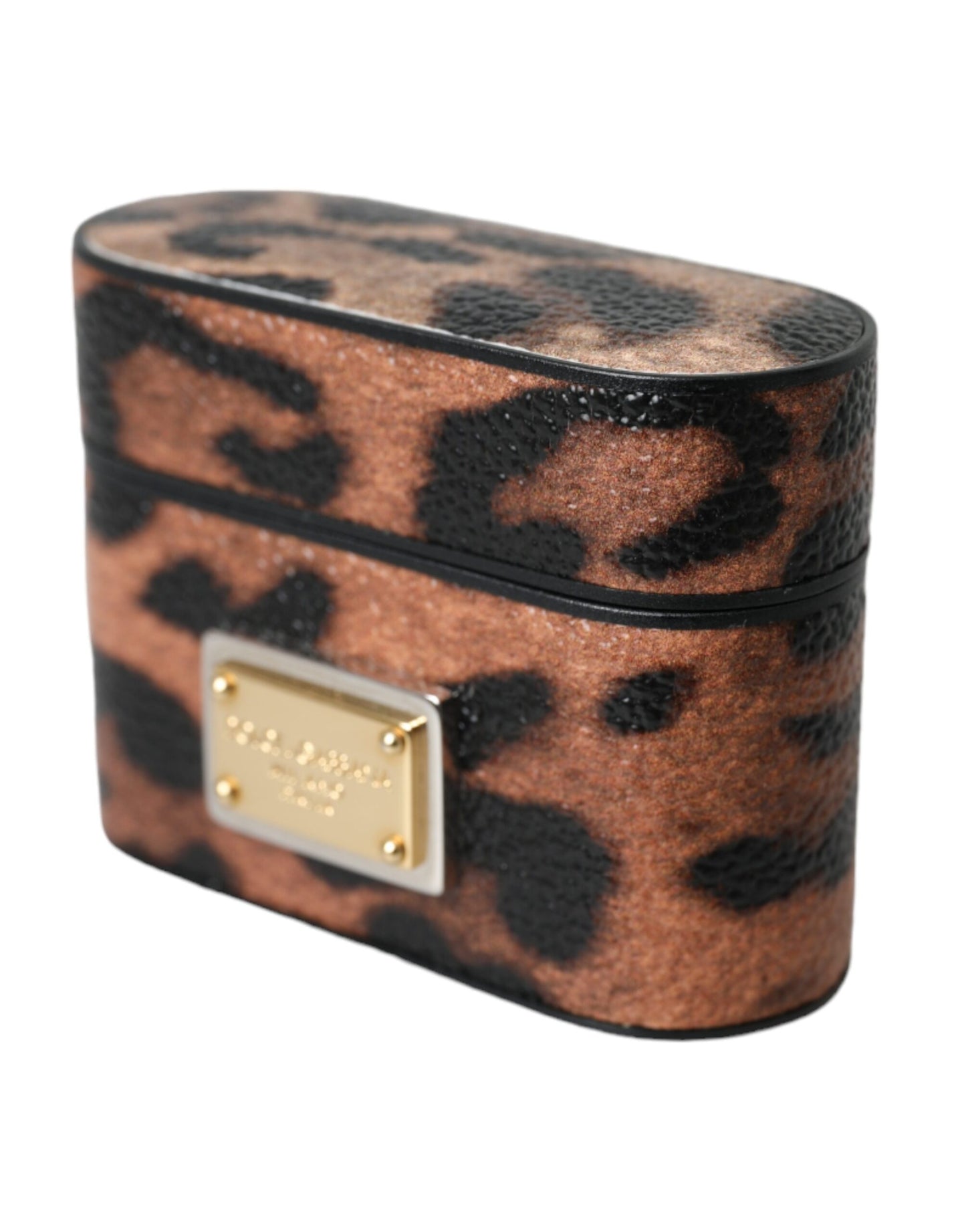 Dolce & Gabbana Brown Leopard Calf Leather Logo Plaque Airpods Case - KALAJ